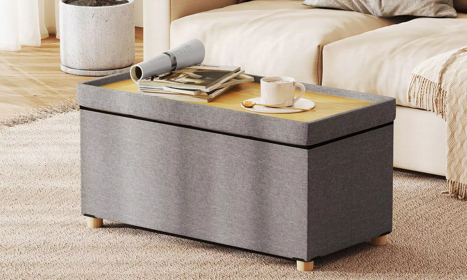 Costway 18 Inches Ottoman with Storage,Tray & Rubber Wood Legs for Small Space