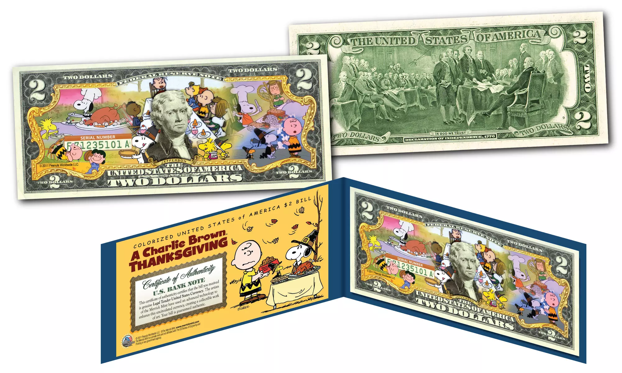 PEANUTS A Charlie Brown Thanksgiving Genuine U.S. Two-Dollar Bill - Primary Image