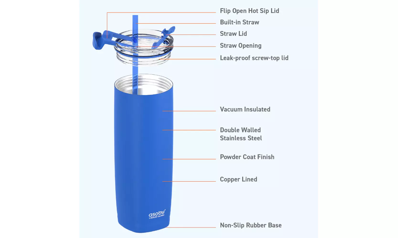 Asobu Aqualina 20oz Insulated Tumbler Water Bottle with Leakproof Lid and Straw
