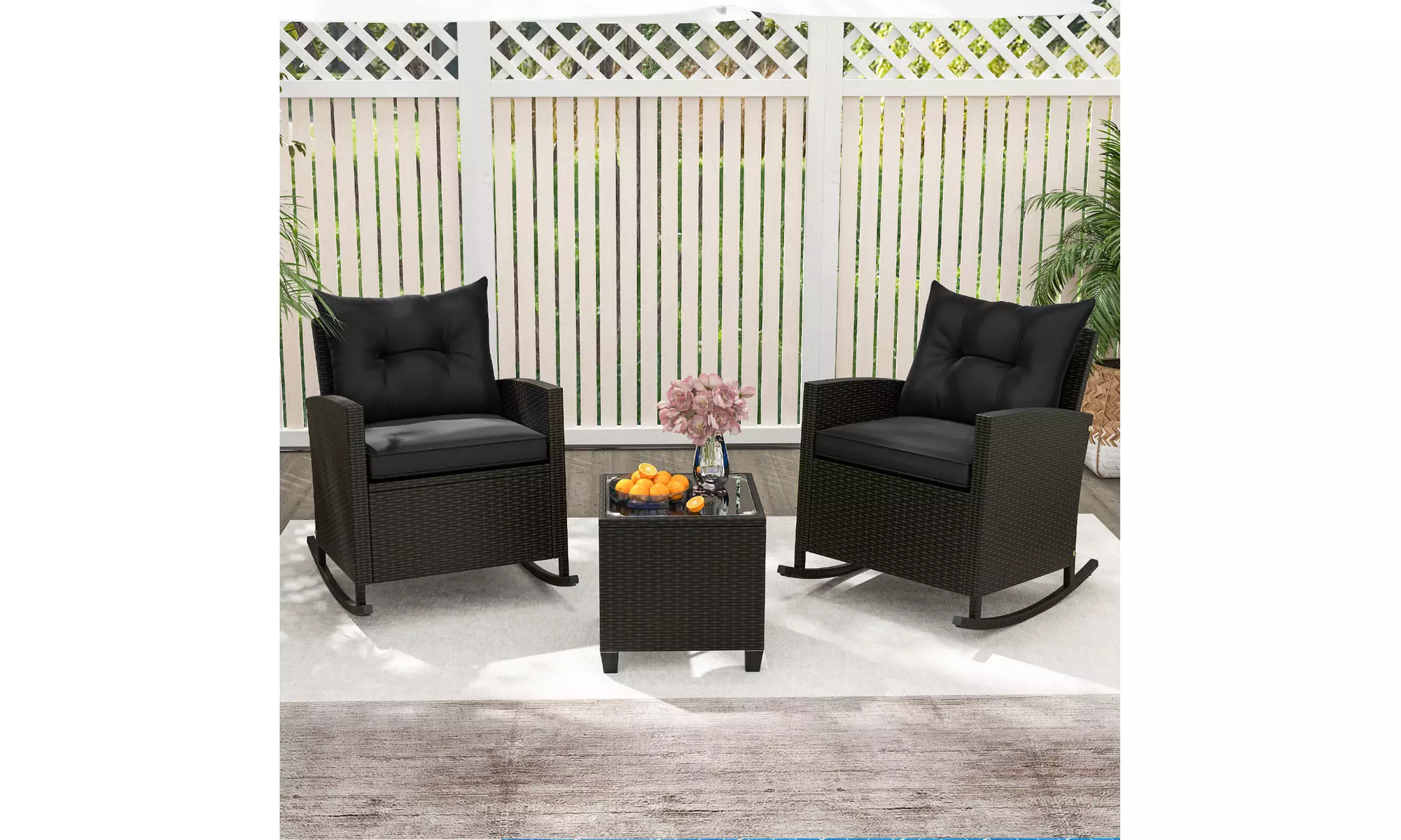 Costway 3 PCS Patio Wicker Rocking Set with Tempered Glass Table & Soft Cushions