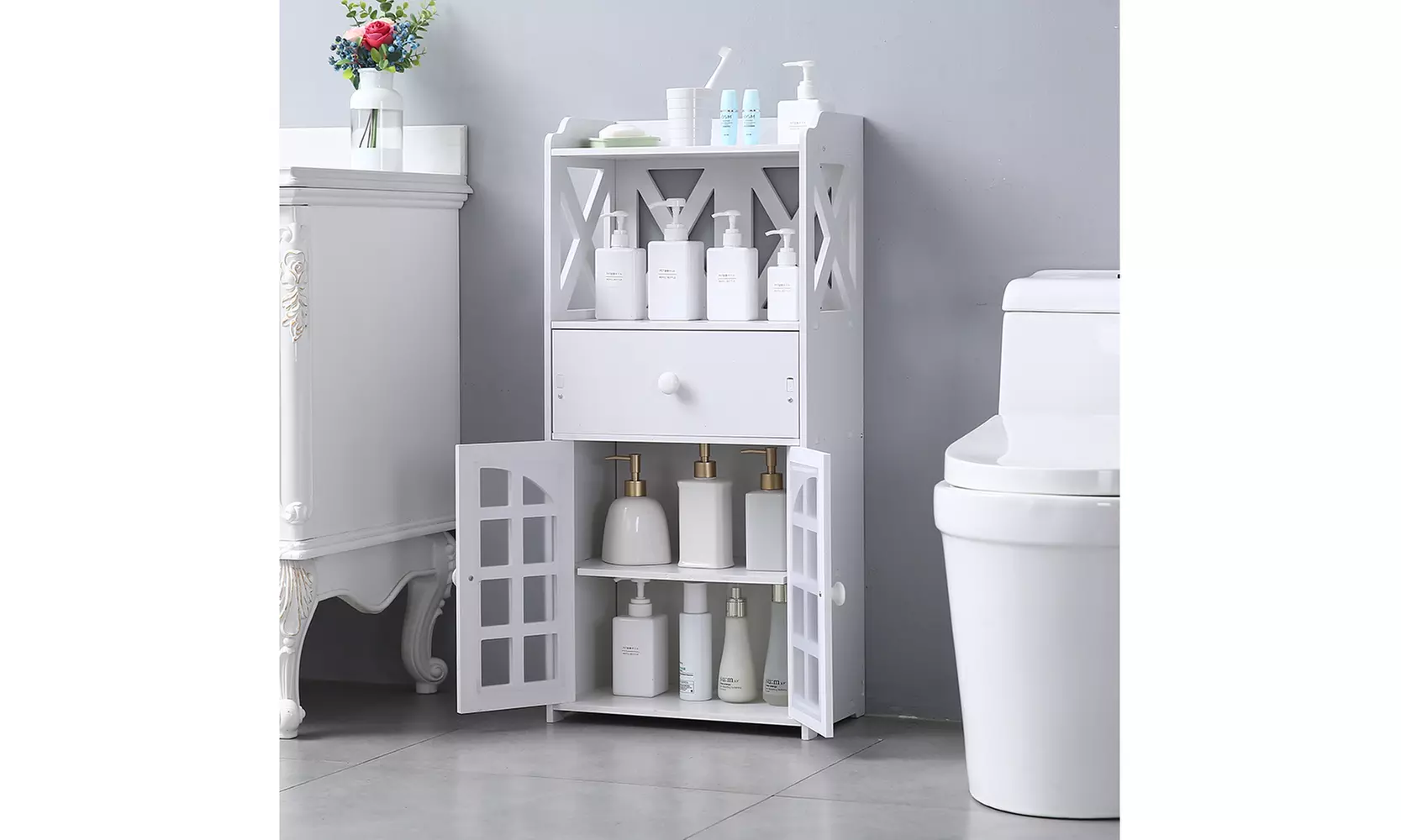 Bathroom Floor Storage Cabinet Shelf with Drawer Double Door White - Primary Image