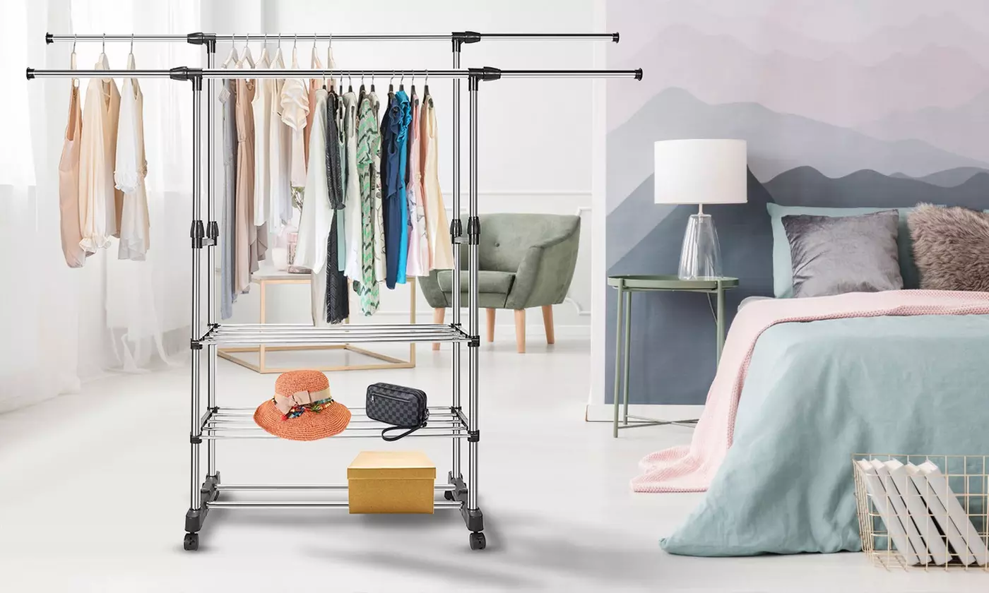 NewHome Extendable Double Rail Rolling Clothes Garment Hanging Rack w/ 3 Shelves