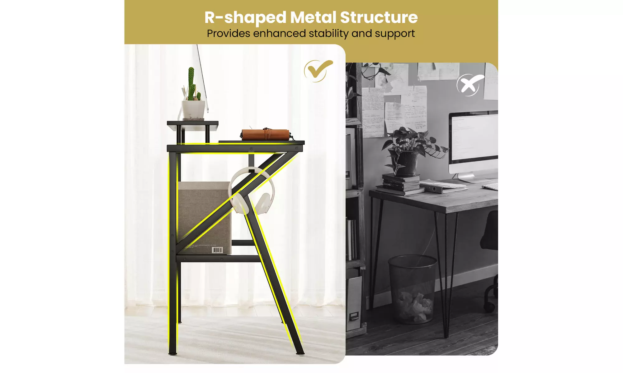 Costway Home Office Desk with Monitor Stand, Open Shelf and Metal Frame