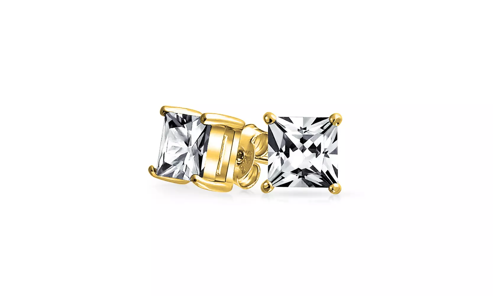Unisex Square CZ Princess Cut Stud earrings Gold Plated 925 Sterling Silver 8mm - Primary Image