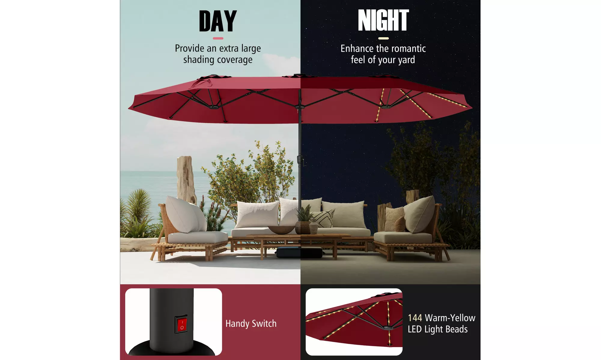 Costway 15.5 FT Extra-Large Patio Umbrella with LED Solar Lights