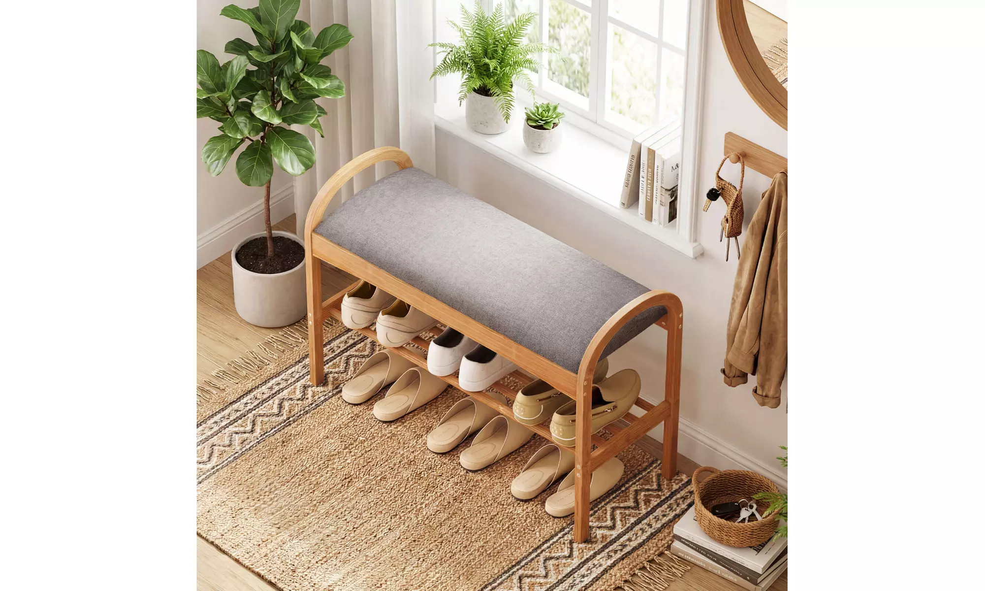Costway Bamboo Entryway Shoe Bench 2-Tier Shoe Rack with Padded Seat Cushion