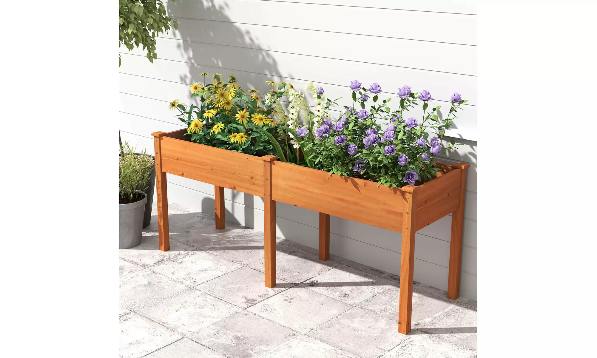Costway Outdoor Raised Garden Bed with Legs Wood Planter Box with Divider Panel