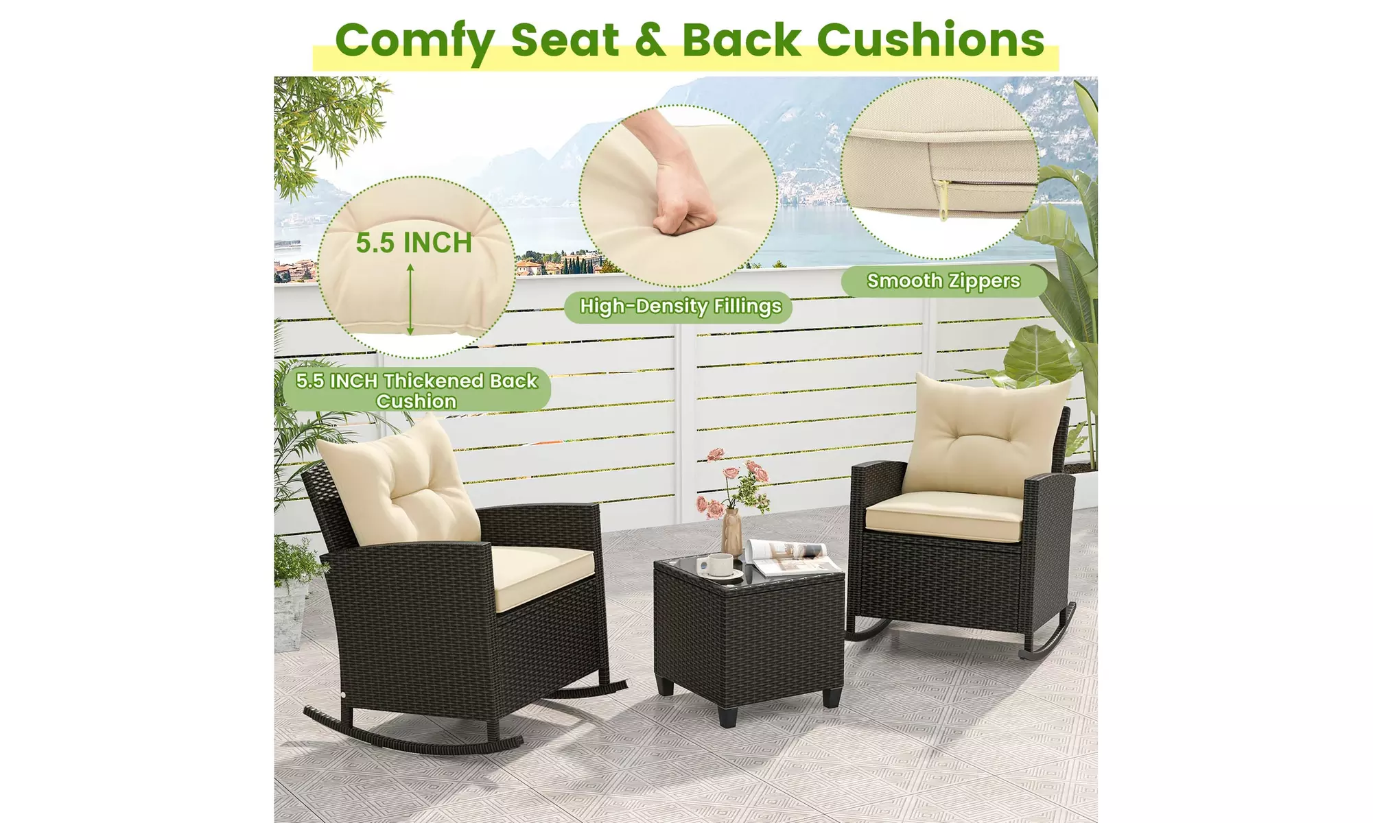 Costway 3 PCS Patio Wicker Rocking Set with Tempered Glass Table & Soft Cushions