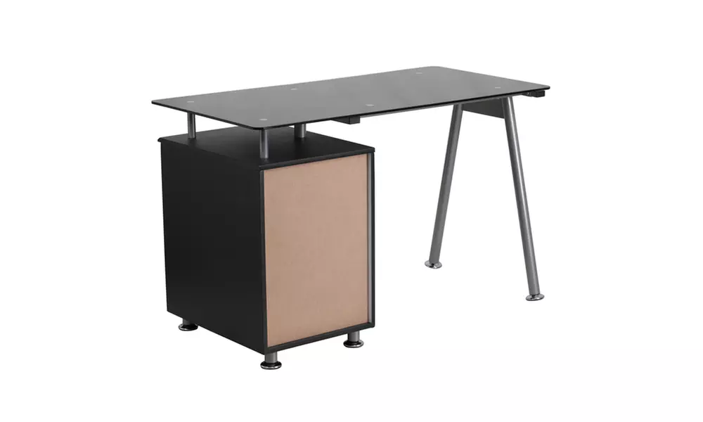 Black Glass Computer Desk with Three Drawer Pedestal - Second Medium