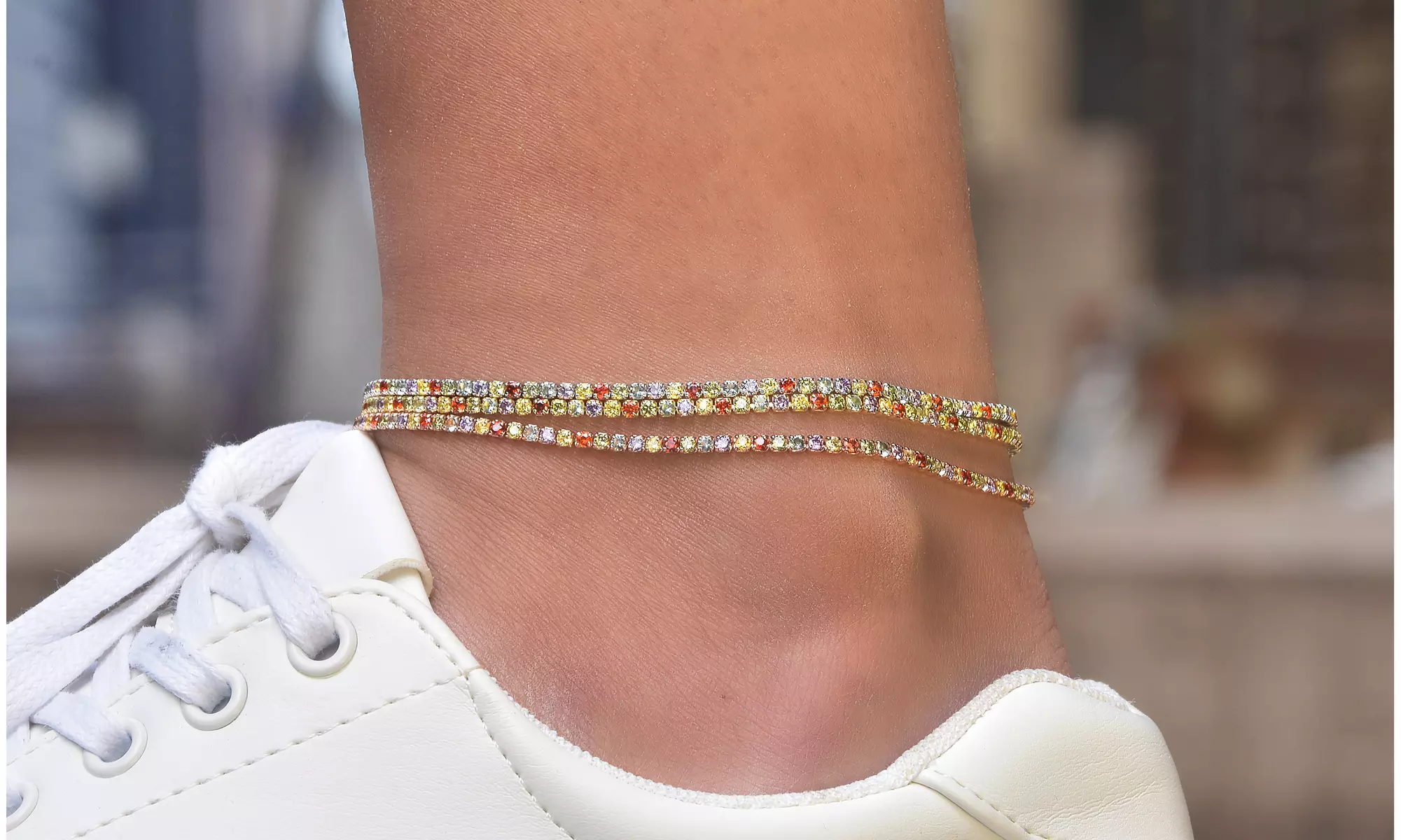 Crystal Prong Rainbow Anklets in Sterling Silver  - Primary Image