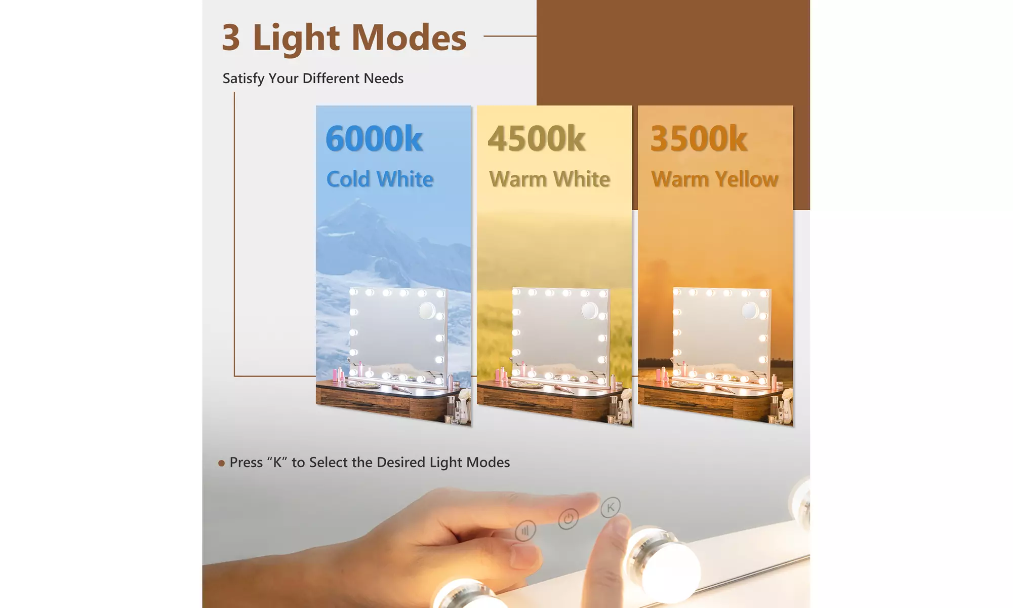 Costway Vanity Mirror w/ Lights 3 Color Lighting Modes Tabletop & Wall-Mounted