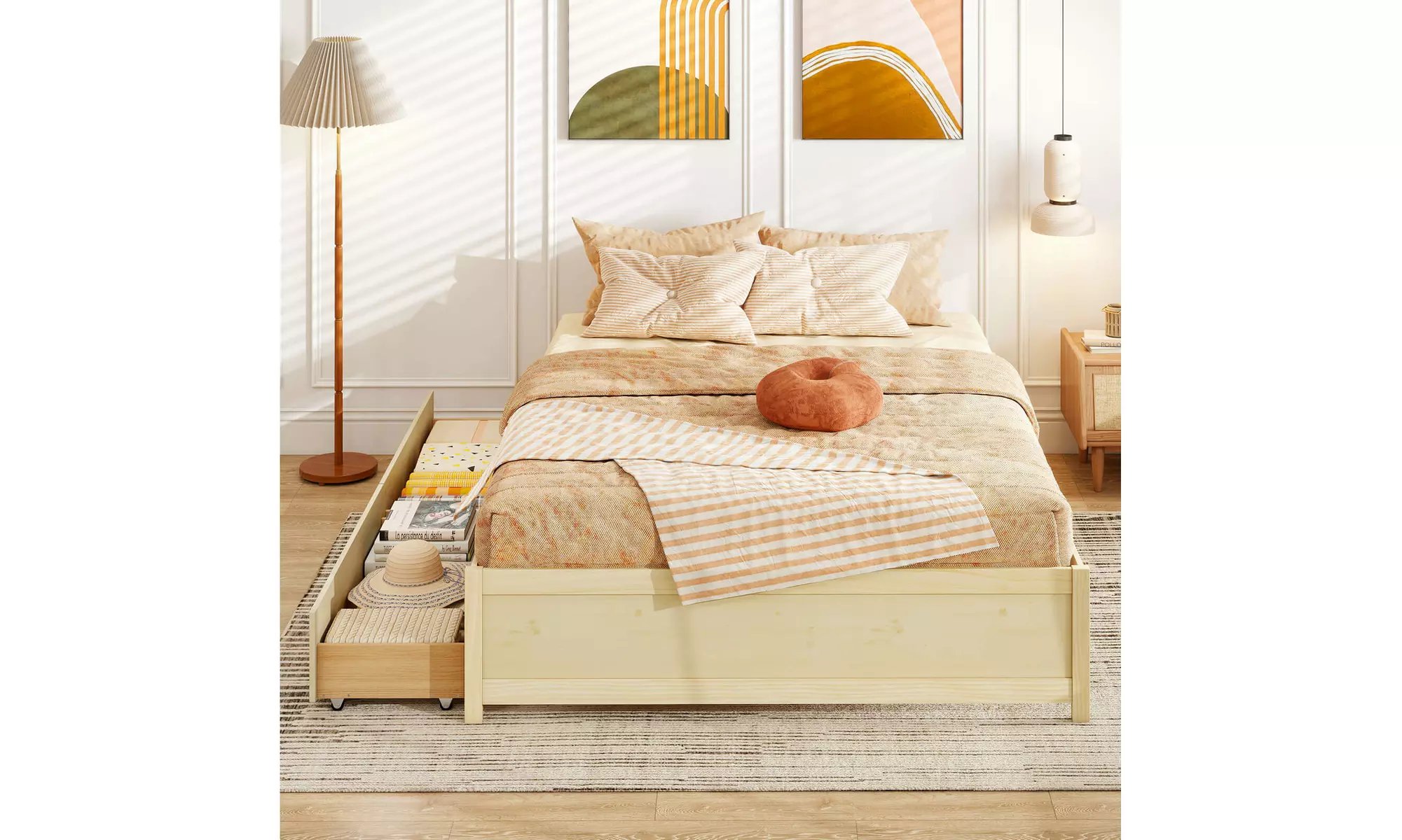 Costway Wooden Platform Bed Frame with 2 Rolling Storage Drawers