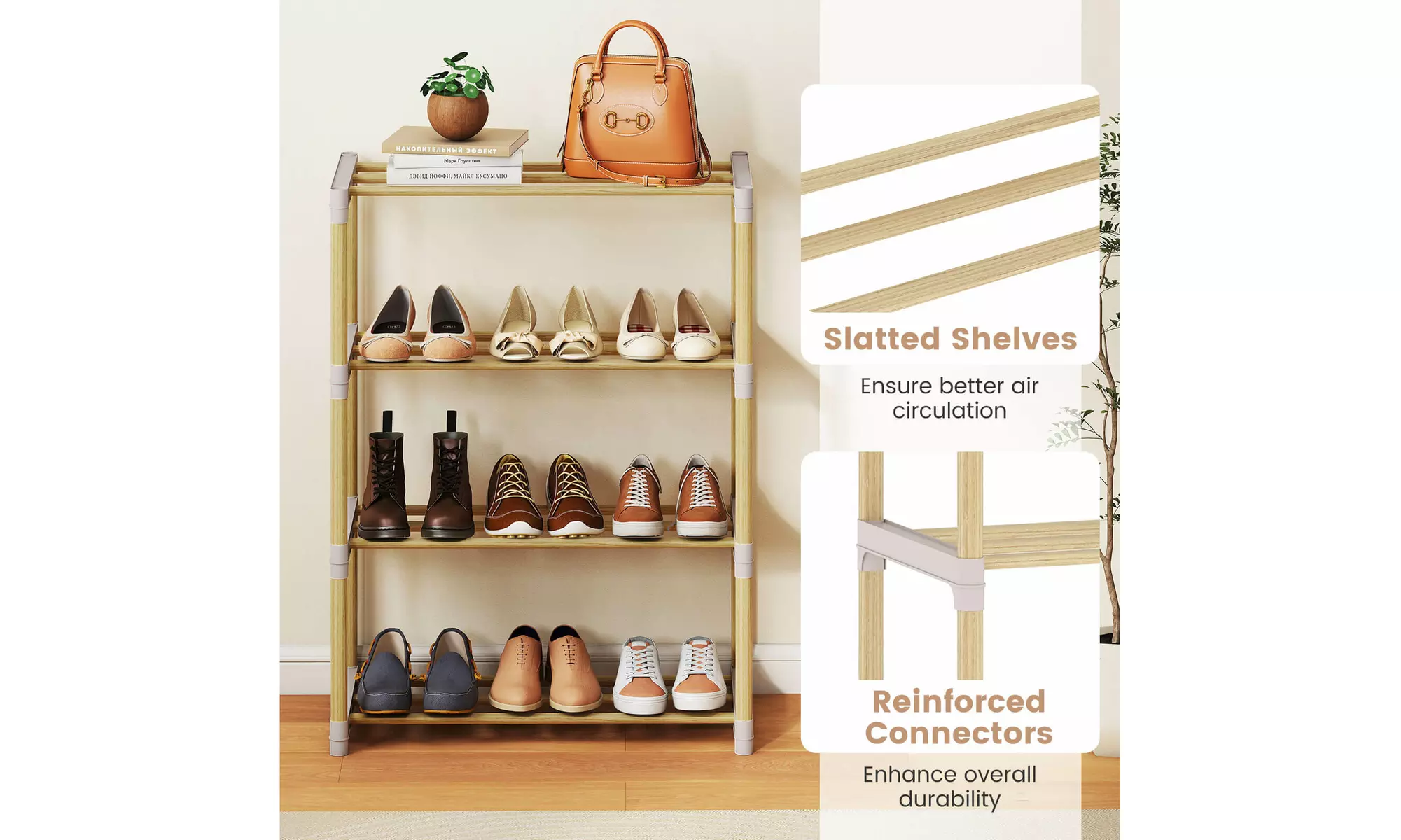 Costway Solid Wood Shoe Shelf Stand with Slatted Open Shelves for Entryway