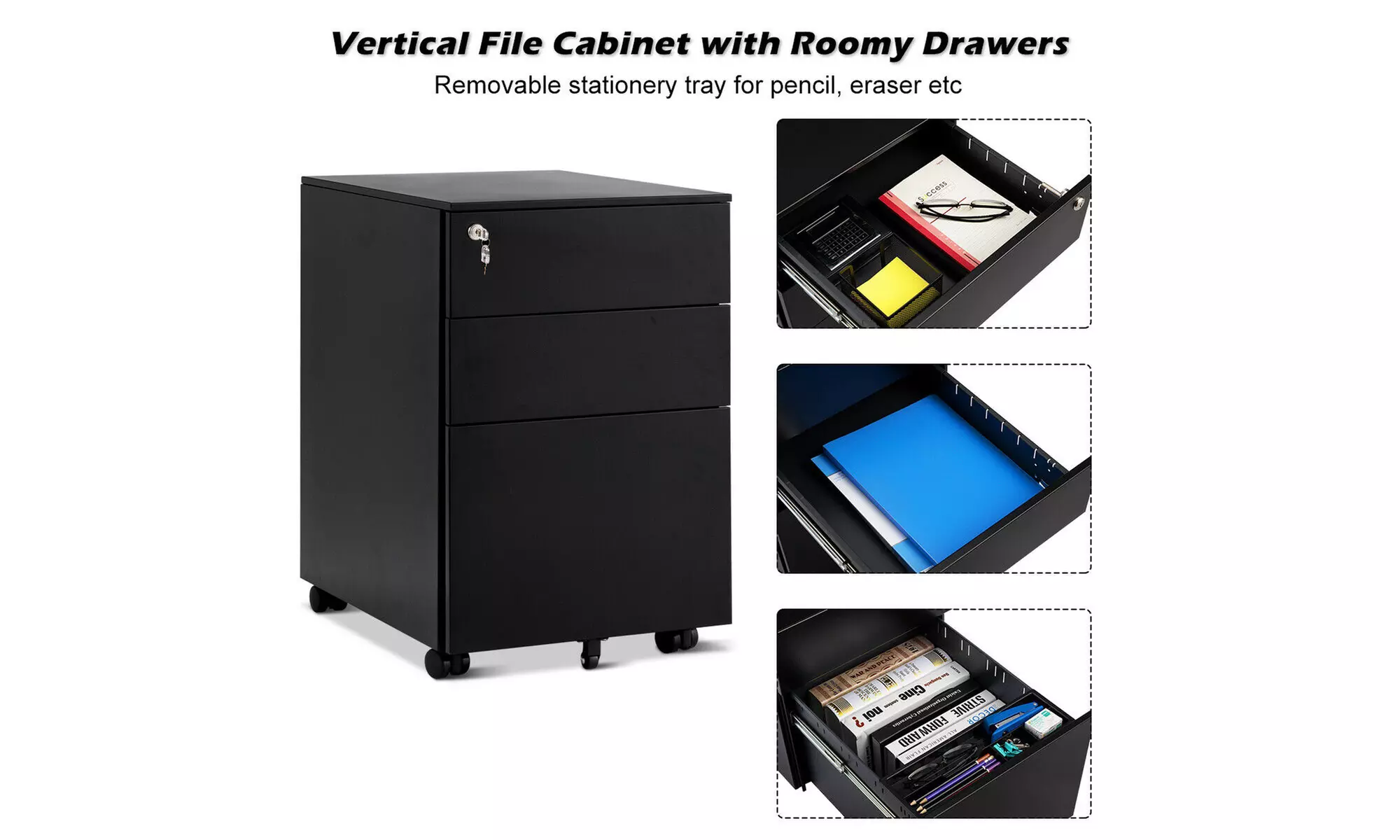 Costway Locking Filing Cabinet-Black,Pedestal Under Desk W/Wheels and Drawers