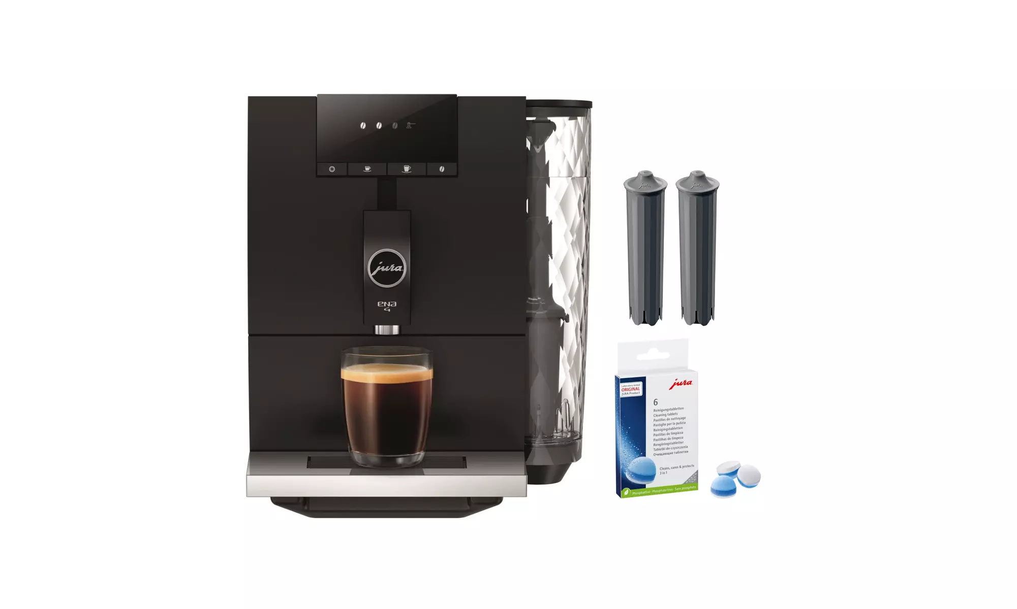 Jura ENA 4 Coffee Machine (Metropolitan Black) with Cleaning Tablets and Filters - Primary Image