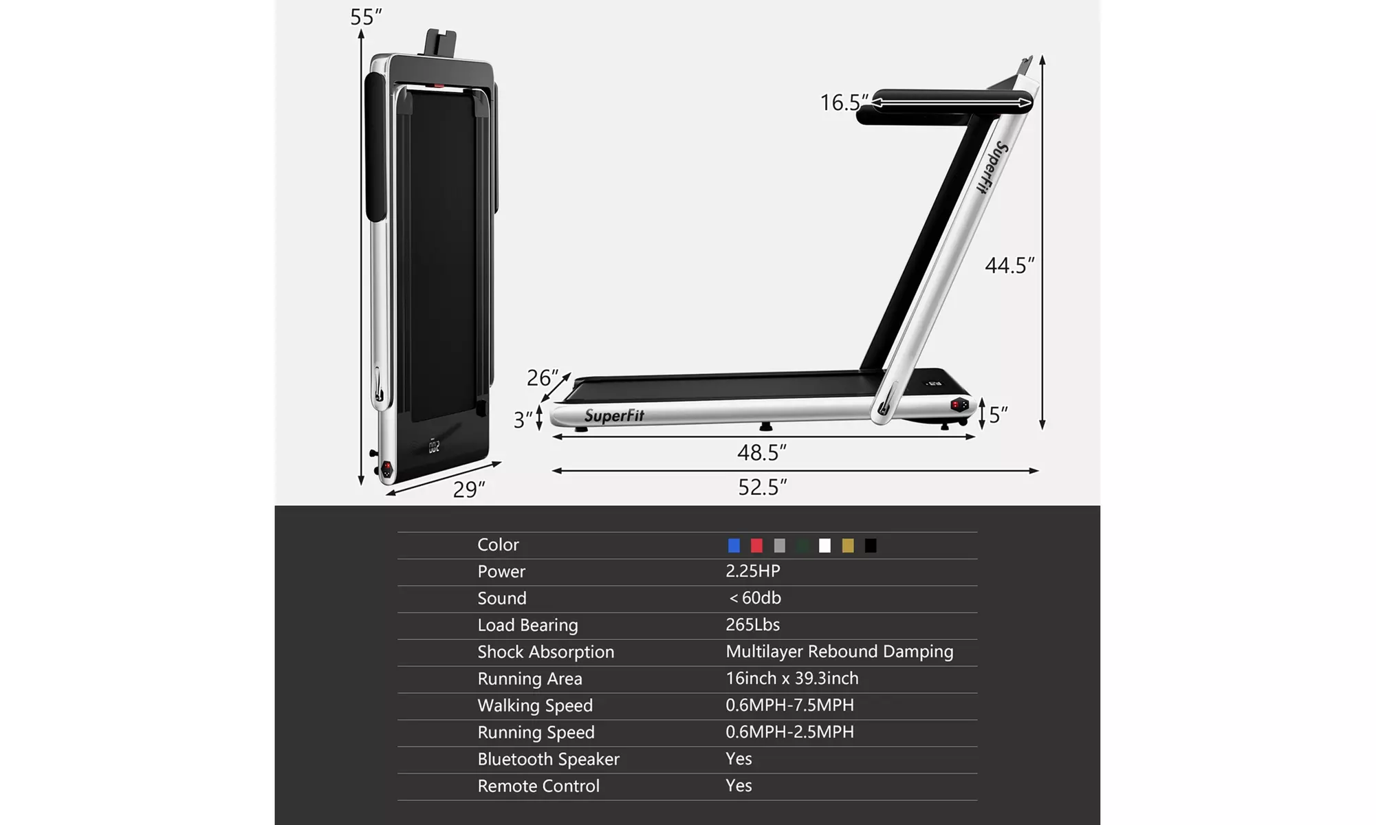 Superfit 2.25HP 2 in 1 Folding Treadmill Speaker Home Gym