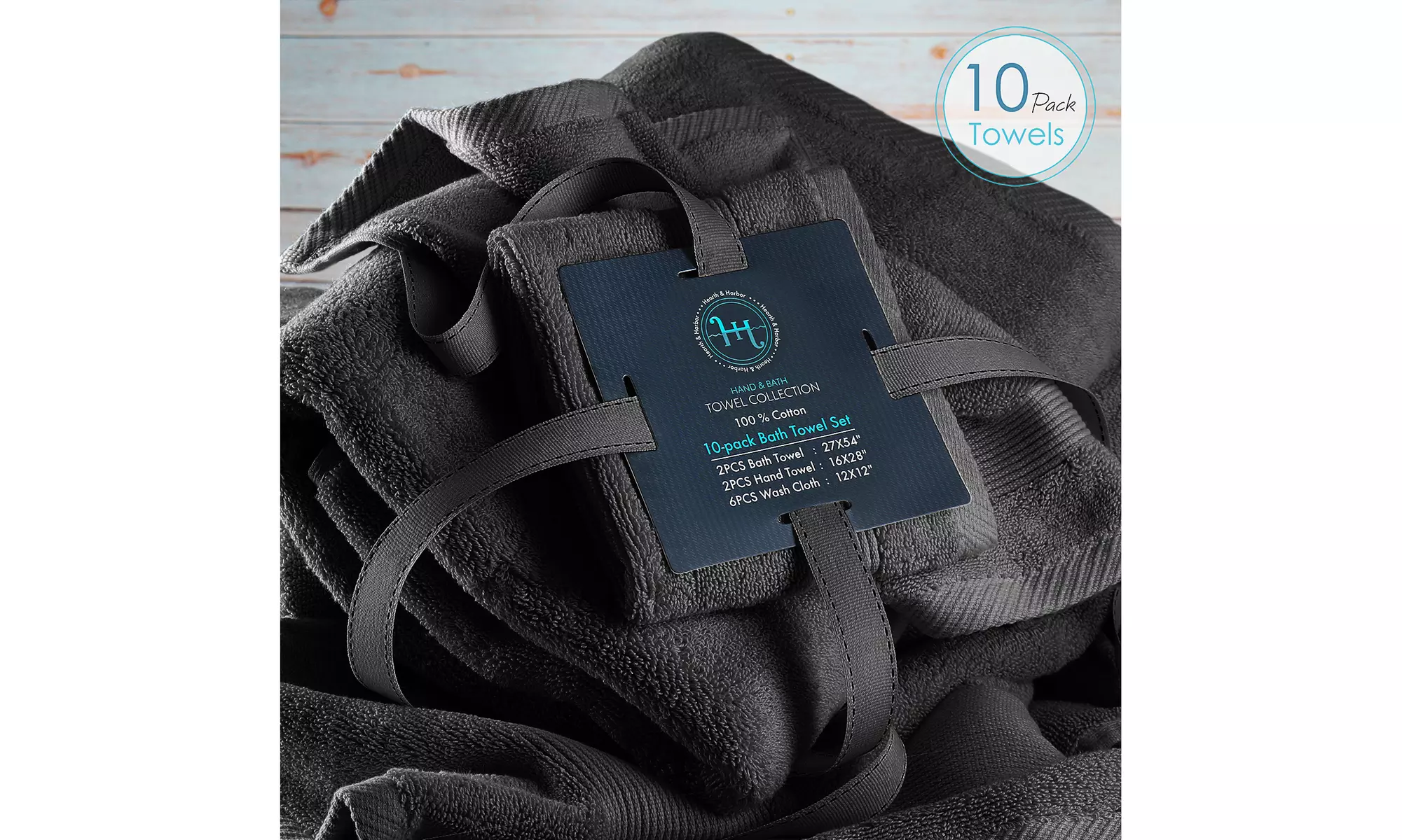 Hearth & Harbor Towels -100% Cotton Set of 10 ; 2 Bath, 2 Hand and 6 Washcloths