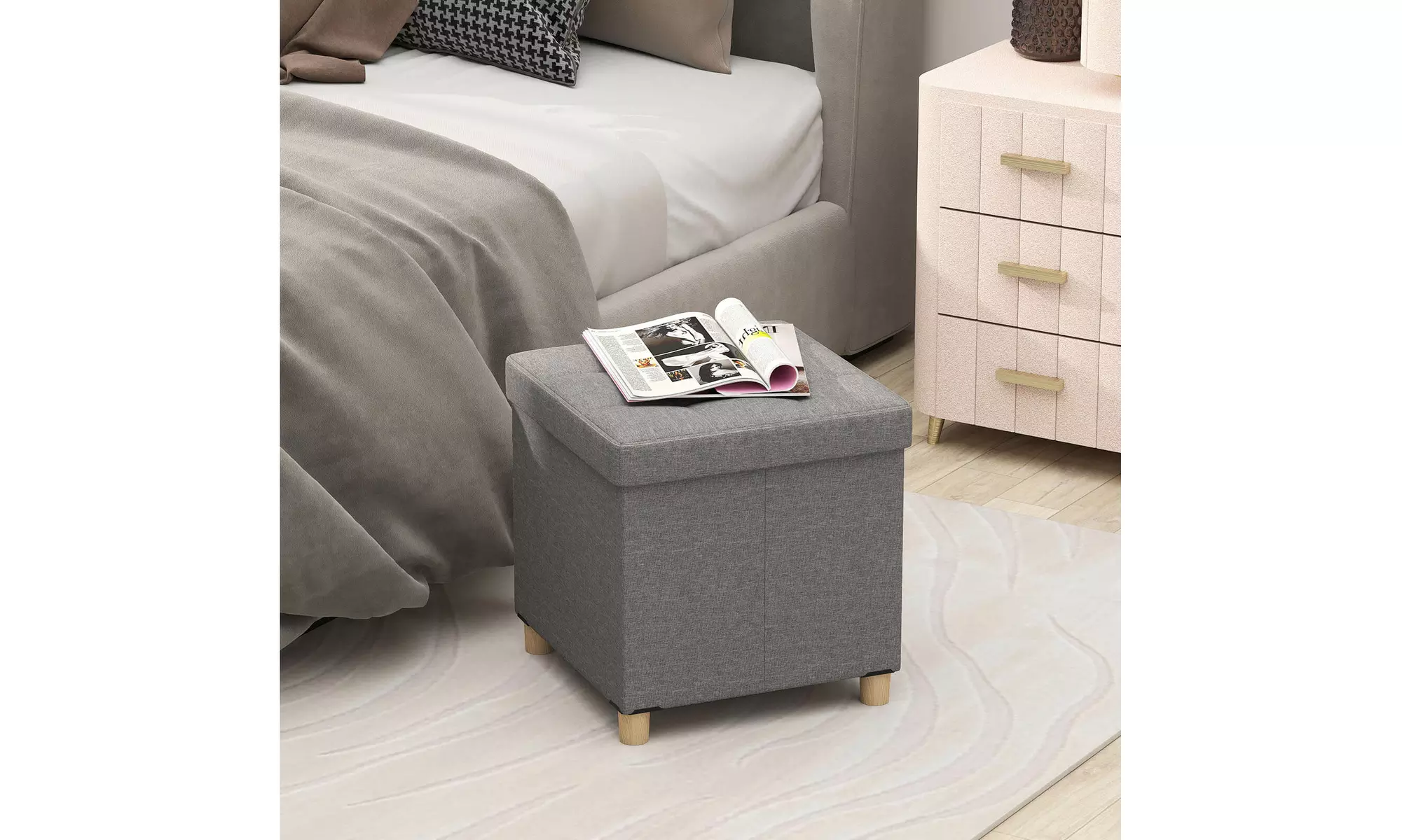 Costway 18 Inches Ottoman with Storage,Tray & Rubber Wood Legs for Small Space