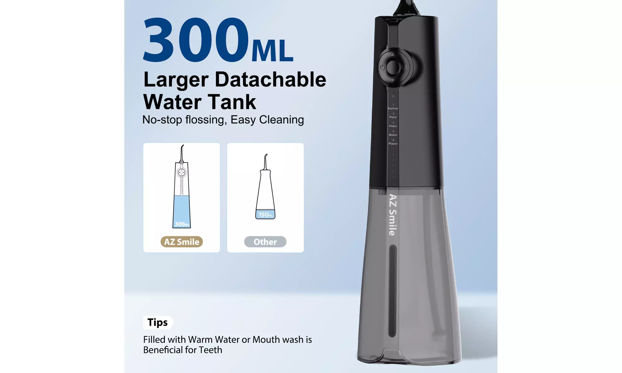 AZ Smile 300ML Water Pick Water Floss for Teeth 5 Cleaning Modes 8 Jet Tips