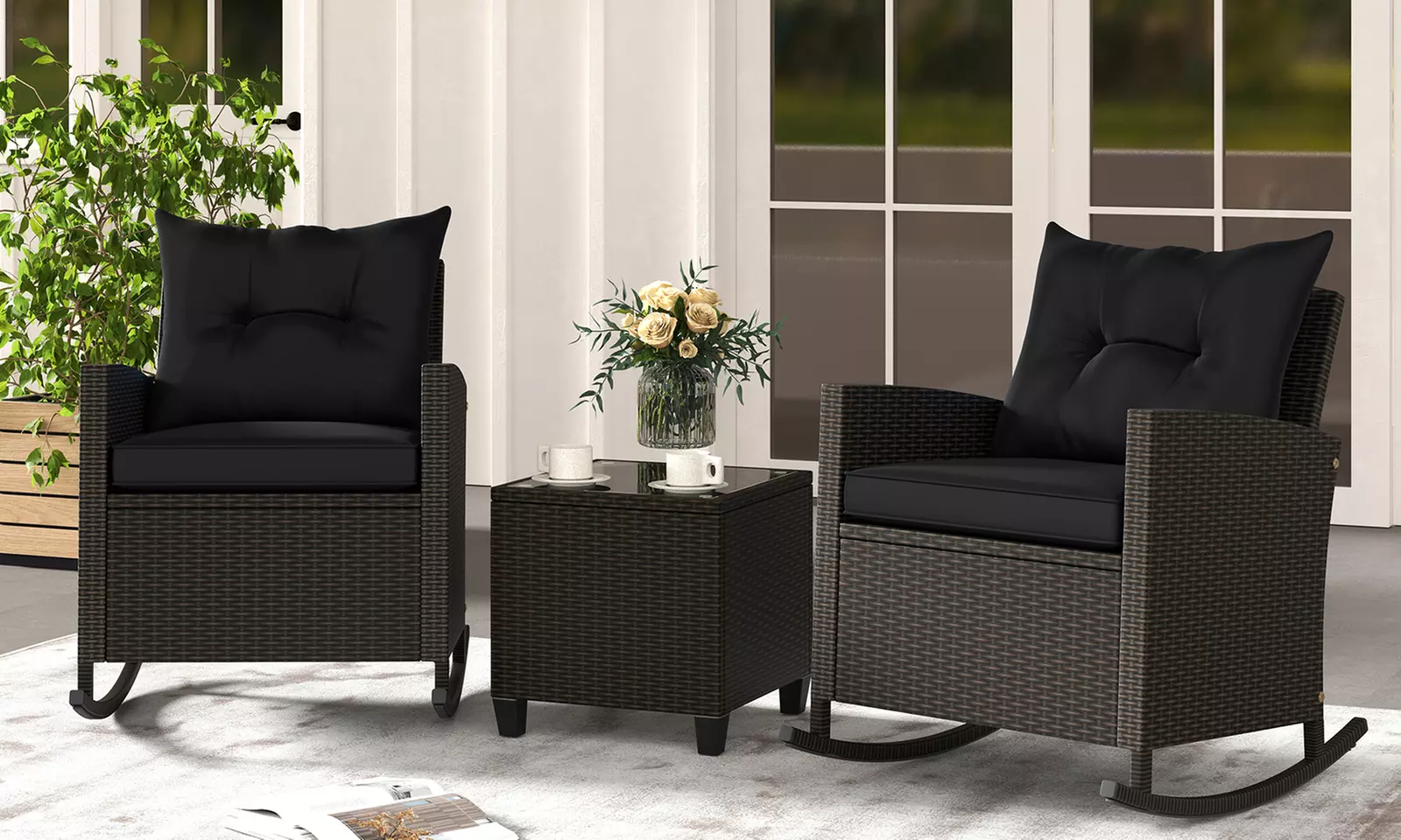 Costway 3 PCS Patio Wicker Rocking Set with Tempered Glass Table & Soft Cushions