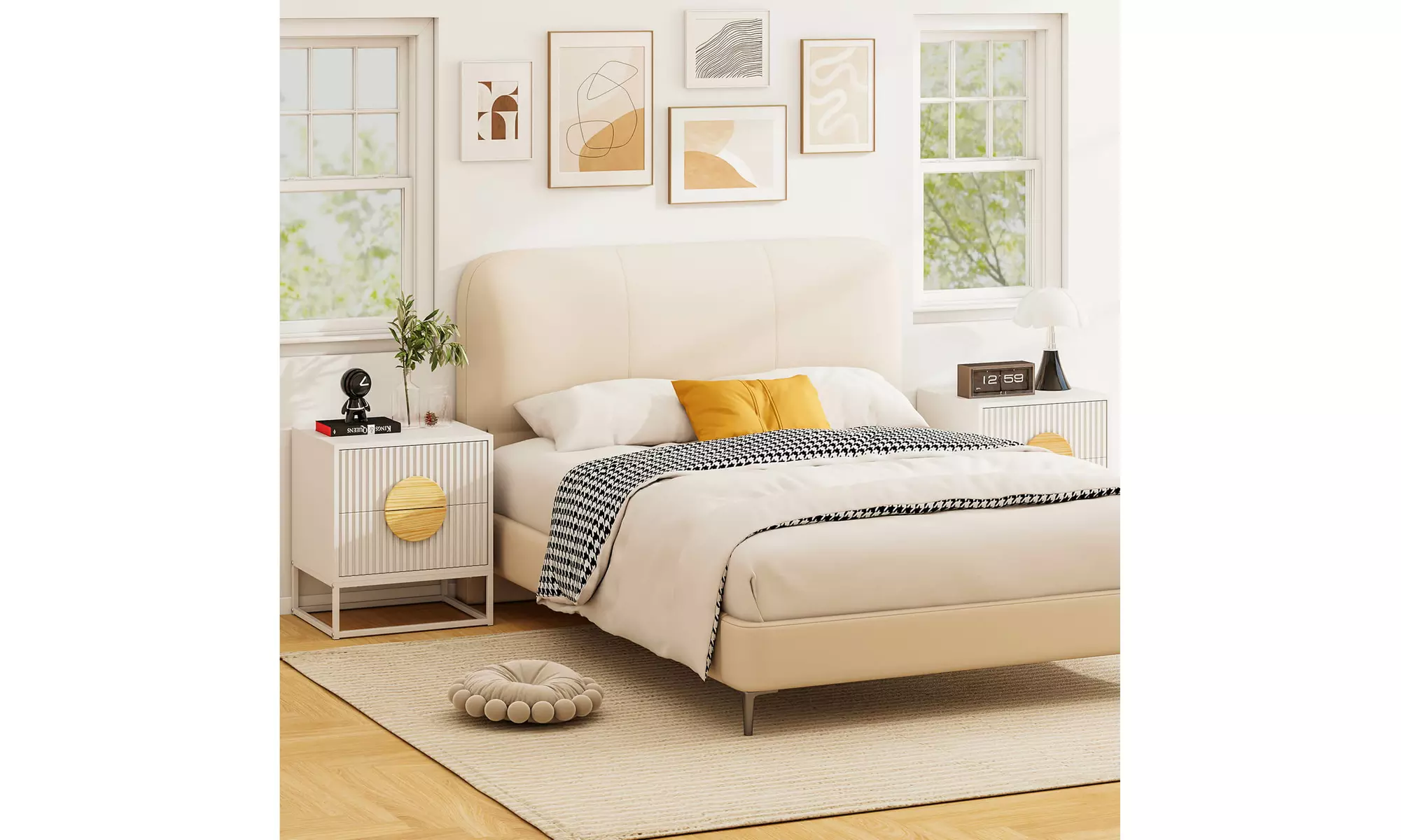 Costway Fluted Nightstand with 2 Drawers with Pine Wood Handles & Metal Frame