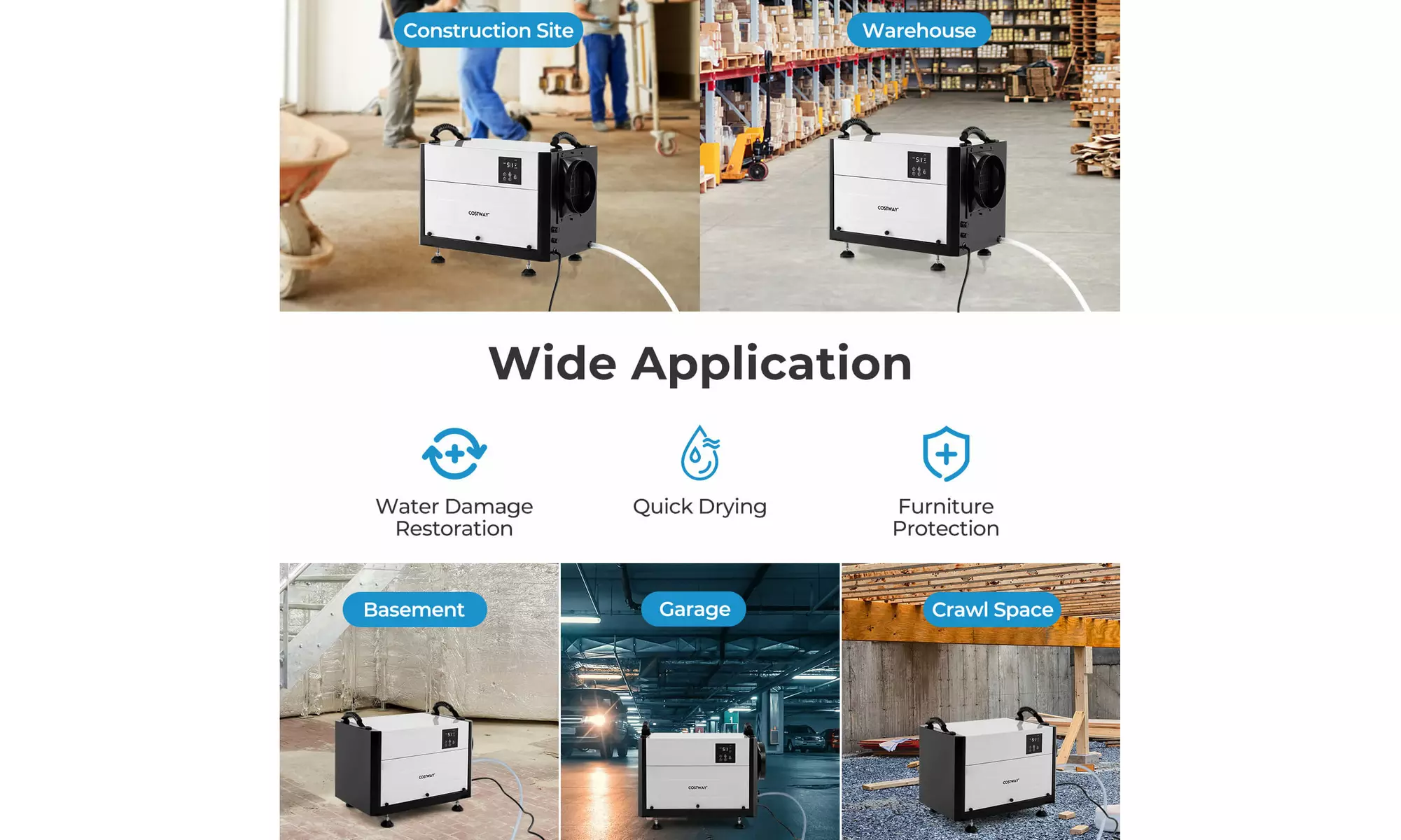 Costway Crawl Space Dehumidifier Commercial Dehumidifier w/ 3 Modes & 24H Timer