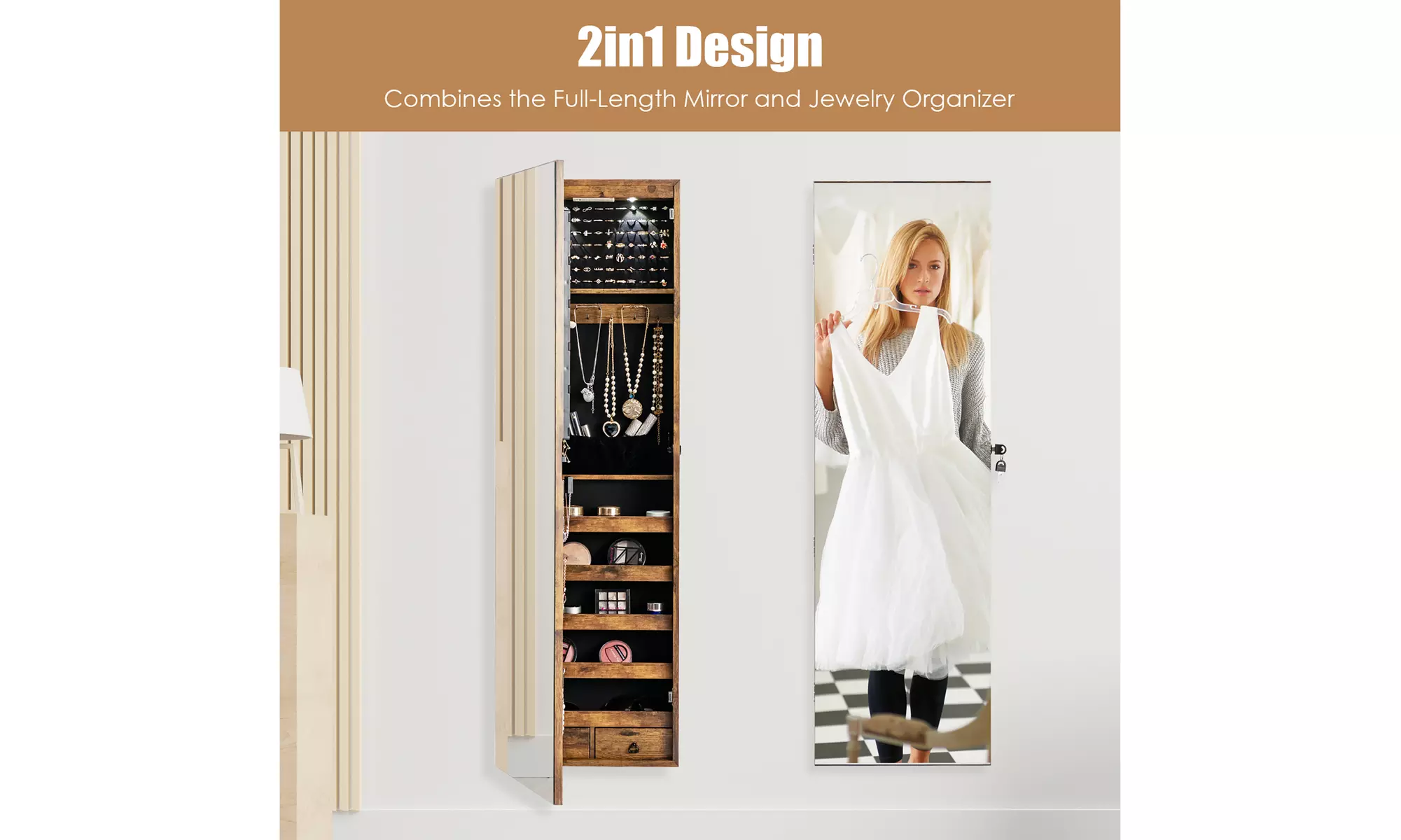 Costway Mirrored Jewelry Cabinet Jewelry Organizer w/2 LED Lights Rustic Brown