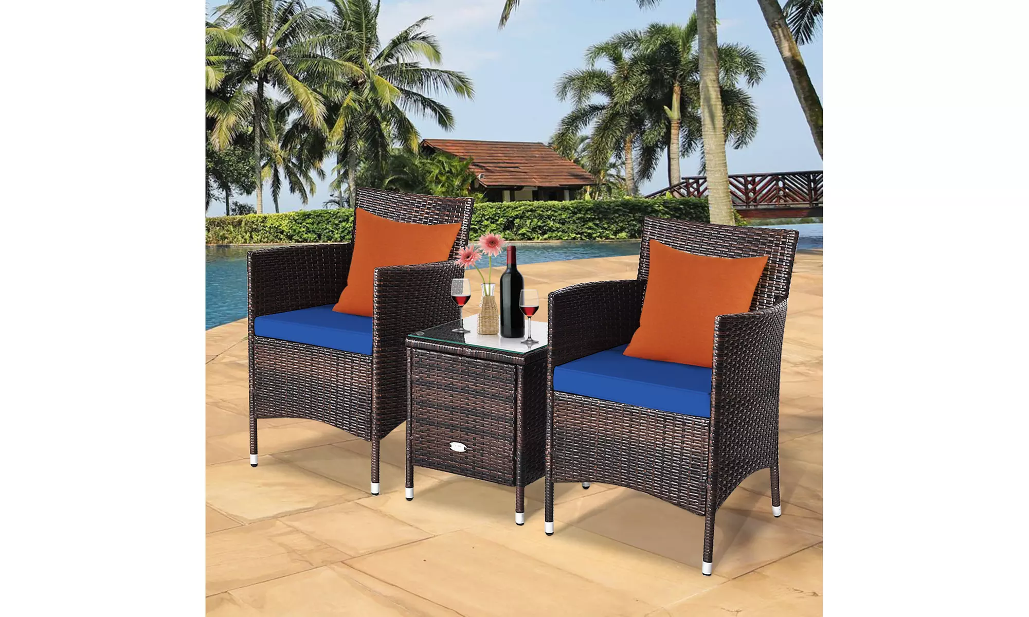 Costway Outdoor 3 PCS PE Rattan Wicker Furniture Sets Chairs Coffee Table Garden