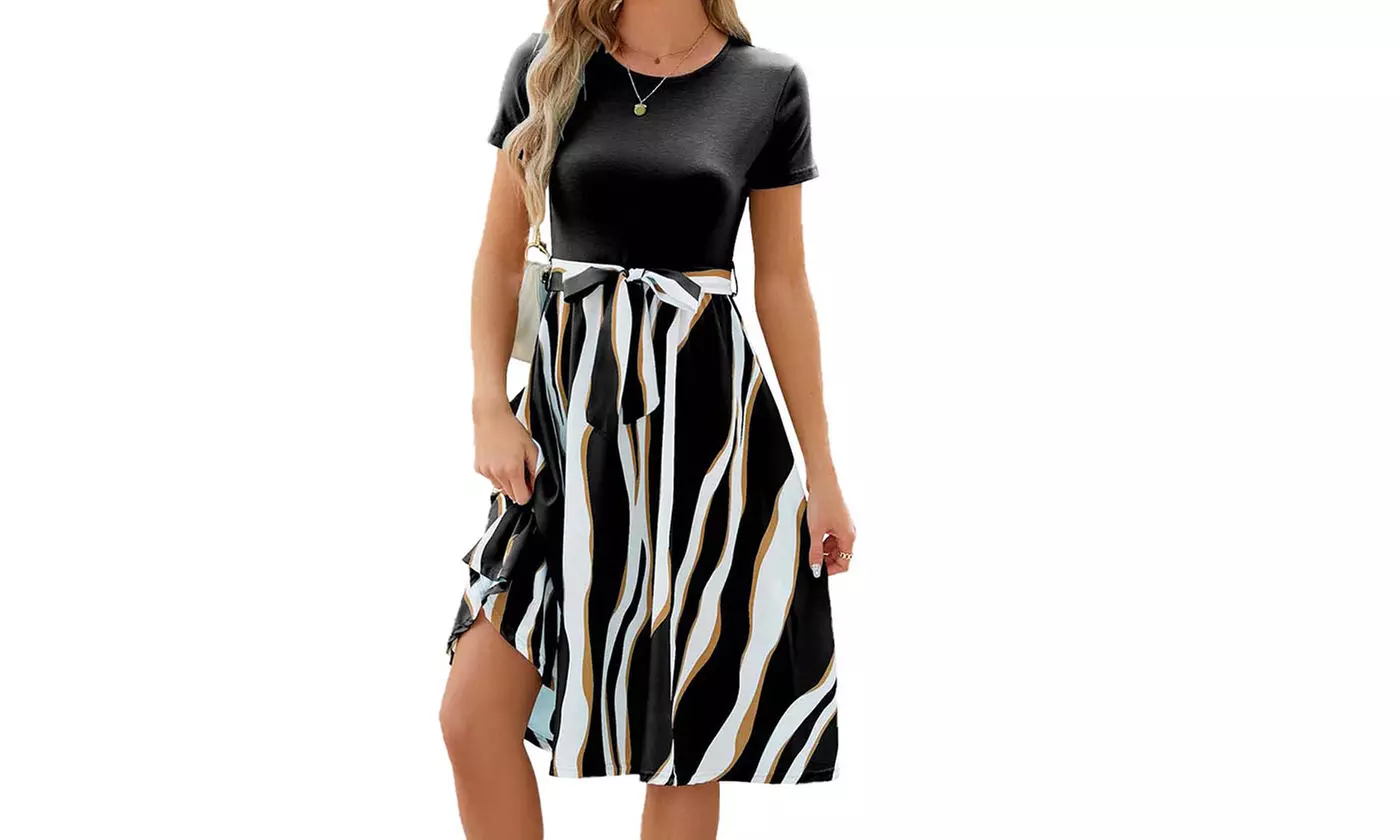 Women's Two Tone Belted A Line Dress
