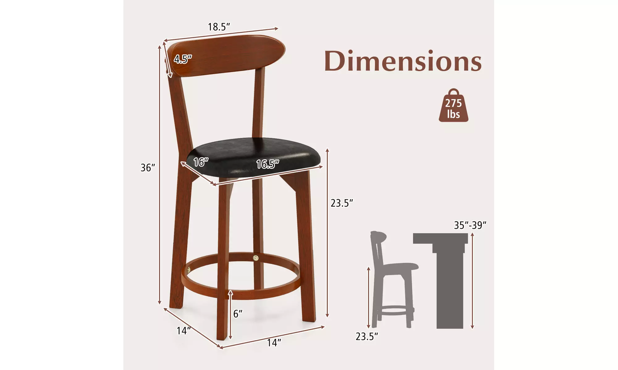 Costway Bar Stool with Curved Backrest & Footrest Counter Height Stools