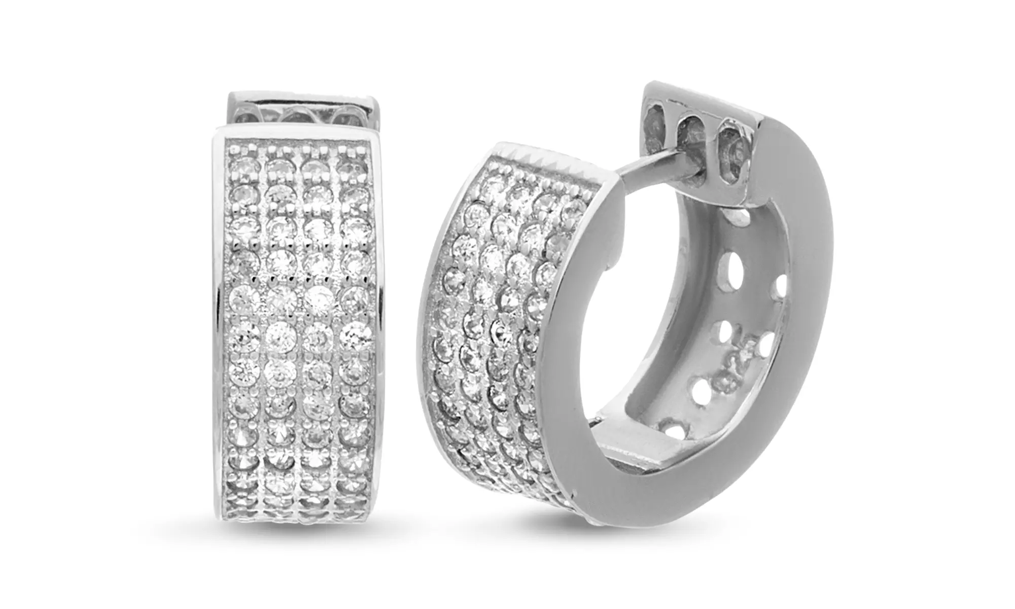 Lesa Michele Rhodium Plated  Silver Cubic Zirconia Wide Huggie Hoop Earrings - Primary Image