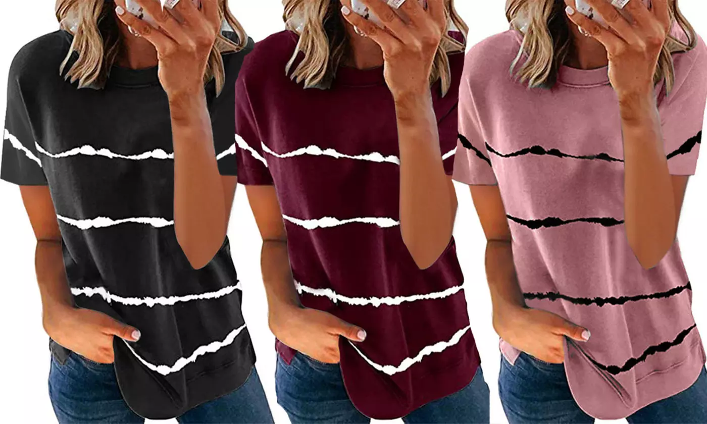 Women's Casual Striped Print Tshirt Short Sleeve Summer Short T-Shirts Tops - Primary Image