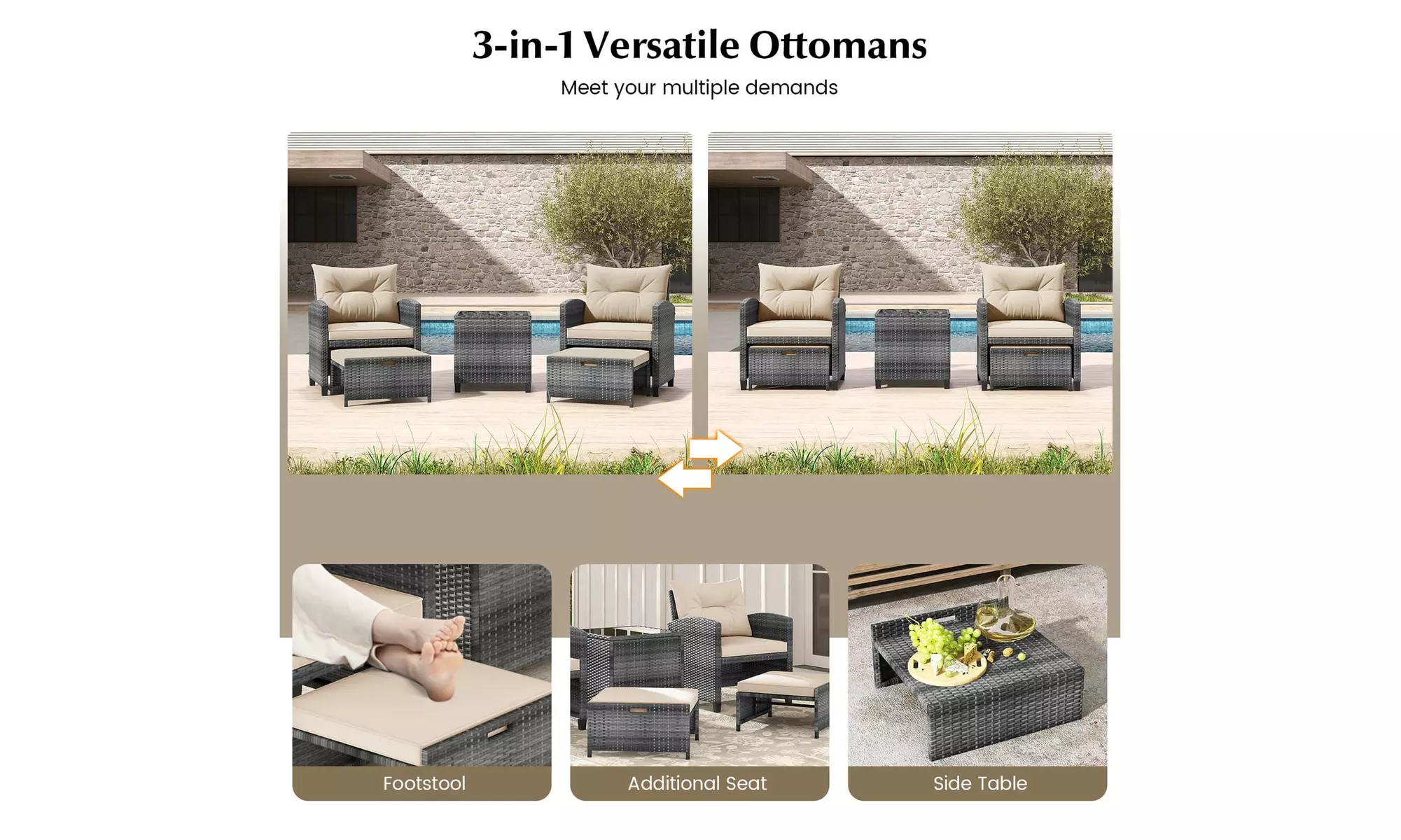 5 Piece Patio Rattan Furniture with 2 Ottomans & Tempered Glass Coffee Table