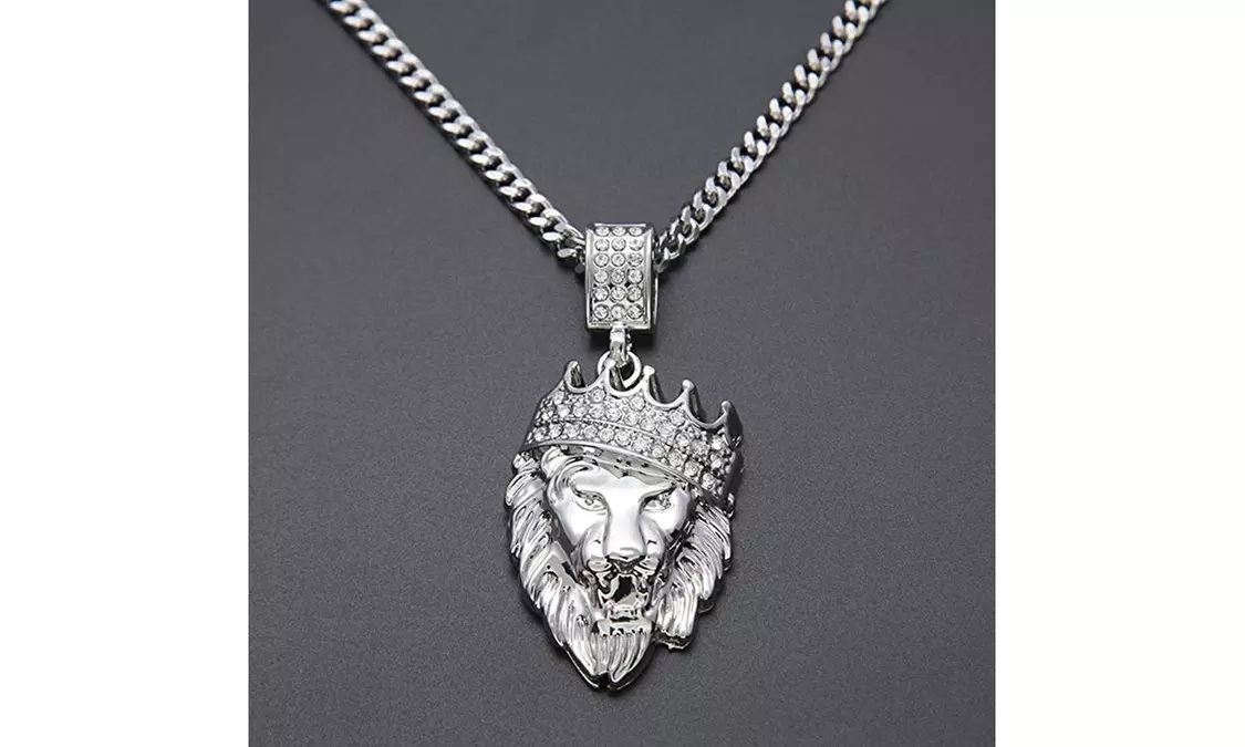18K White Gold Plated Iced Out Pav'e Kings Landing Lion Pendant Necklace - Second Medium