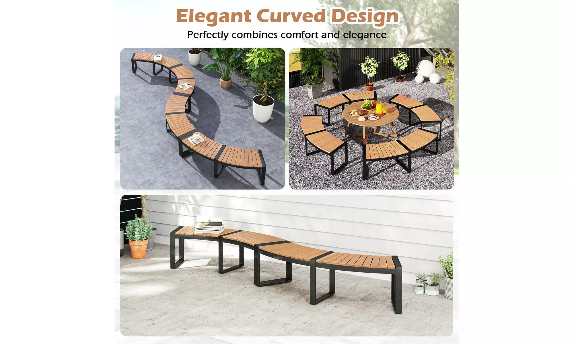 Costway Backless 2-Person Patio Curved Bench with Slatted Seat and Metal Legs