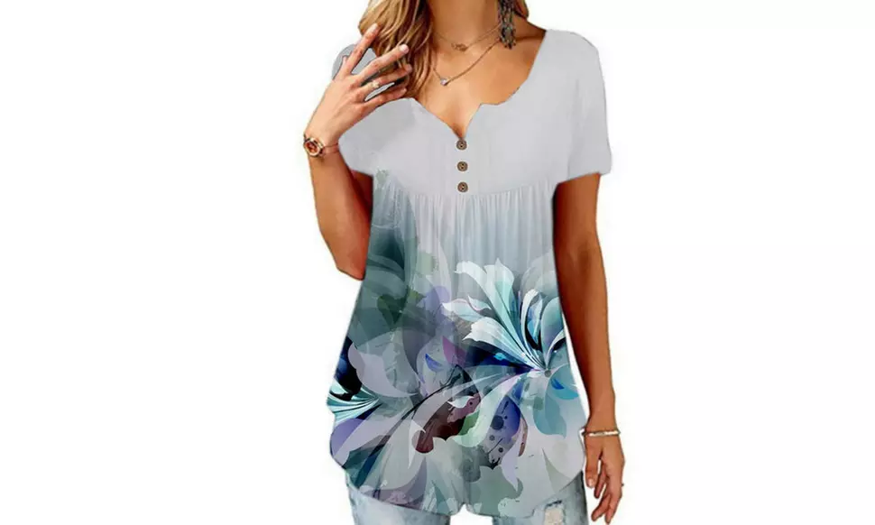 Women's Button Up Pleated Front Summer Short Sleeves Casual Tops Tunic Shirts 