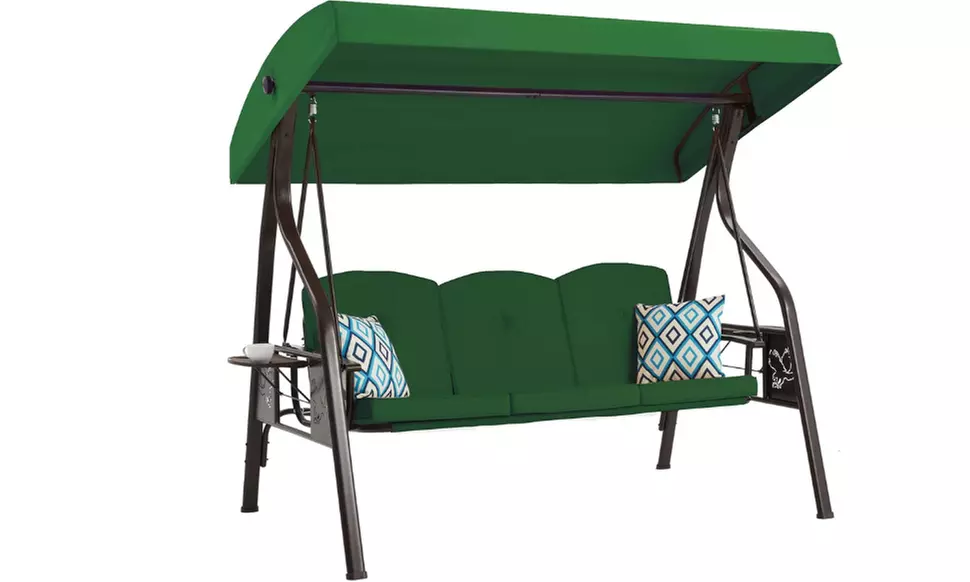 3-Seat Outdoor Porch Swing with Stand  with Canopy Pillows and Cup Holder