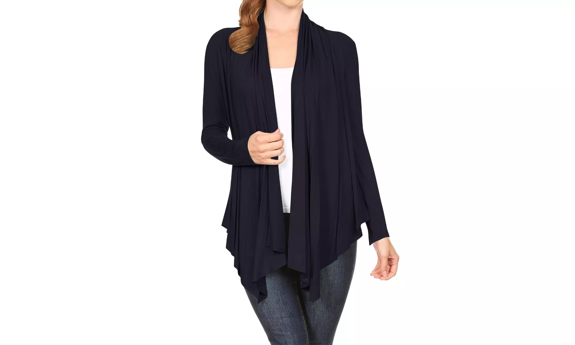 Women's Long Sleeve Draped Neck Open Front Solid Cardigan 