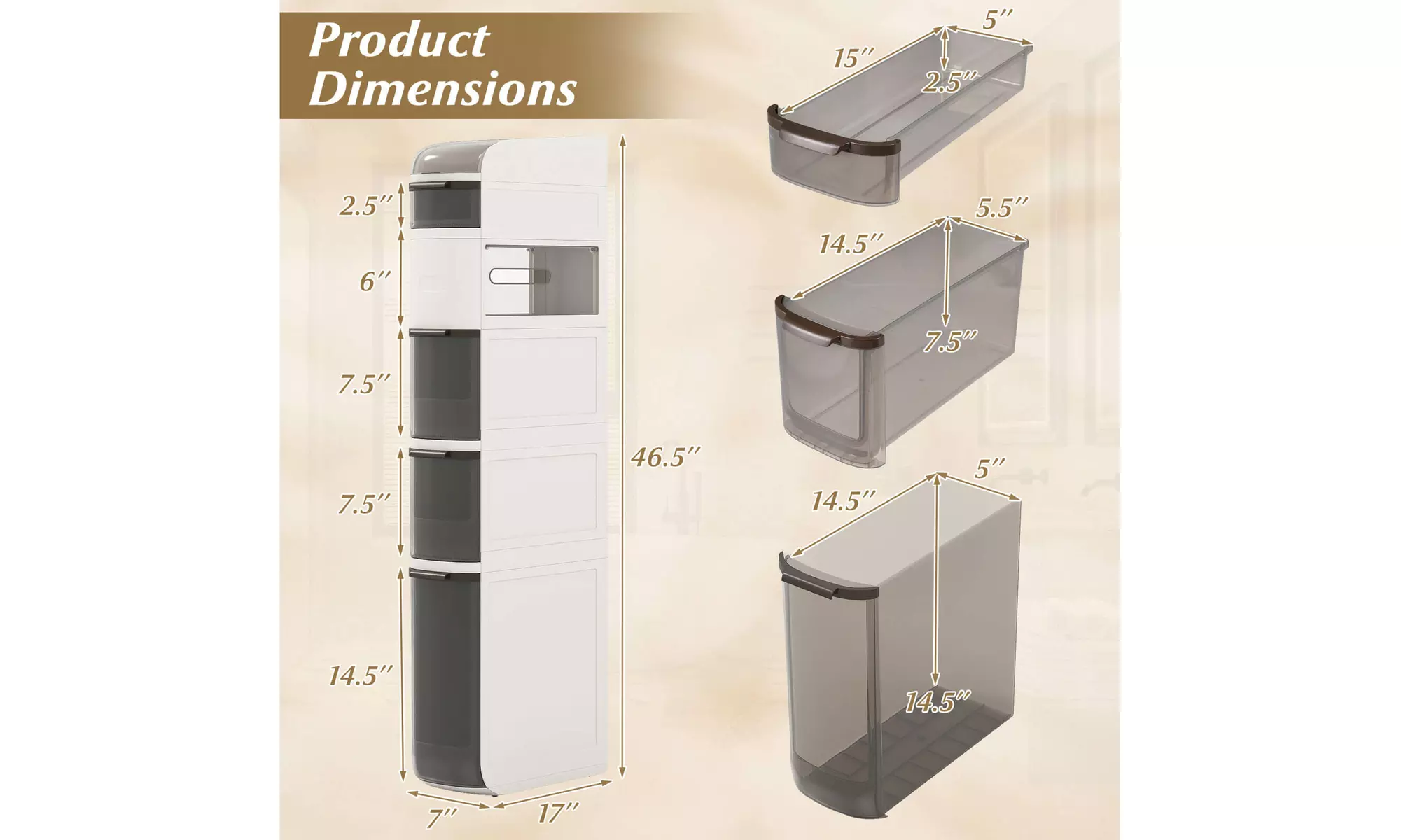 Costway Narrow Bathroom Storage Cabinet with Drawers Tissue Box Wheels