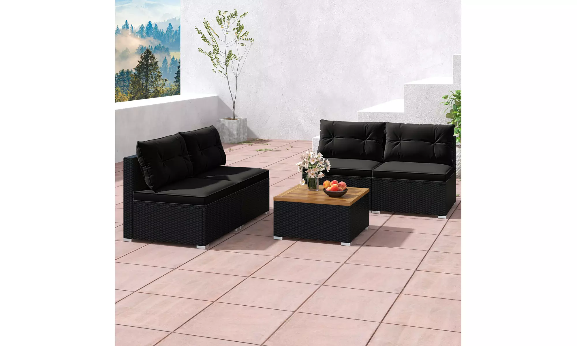 5 Piece Patio Rattan Furniture Set Acacia Wood Table Top Sofa Cushion Deck