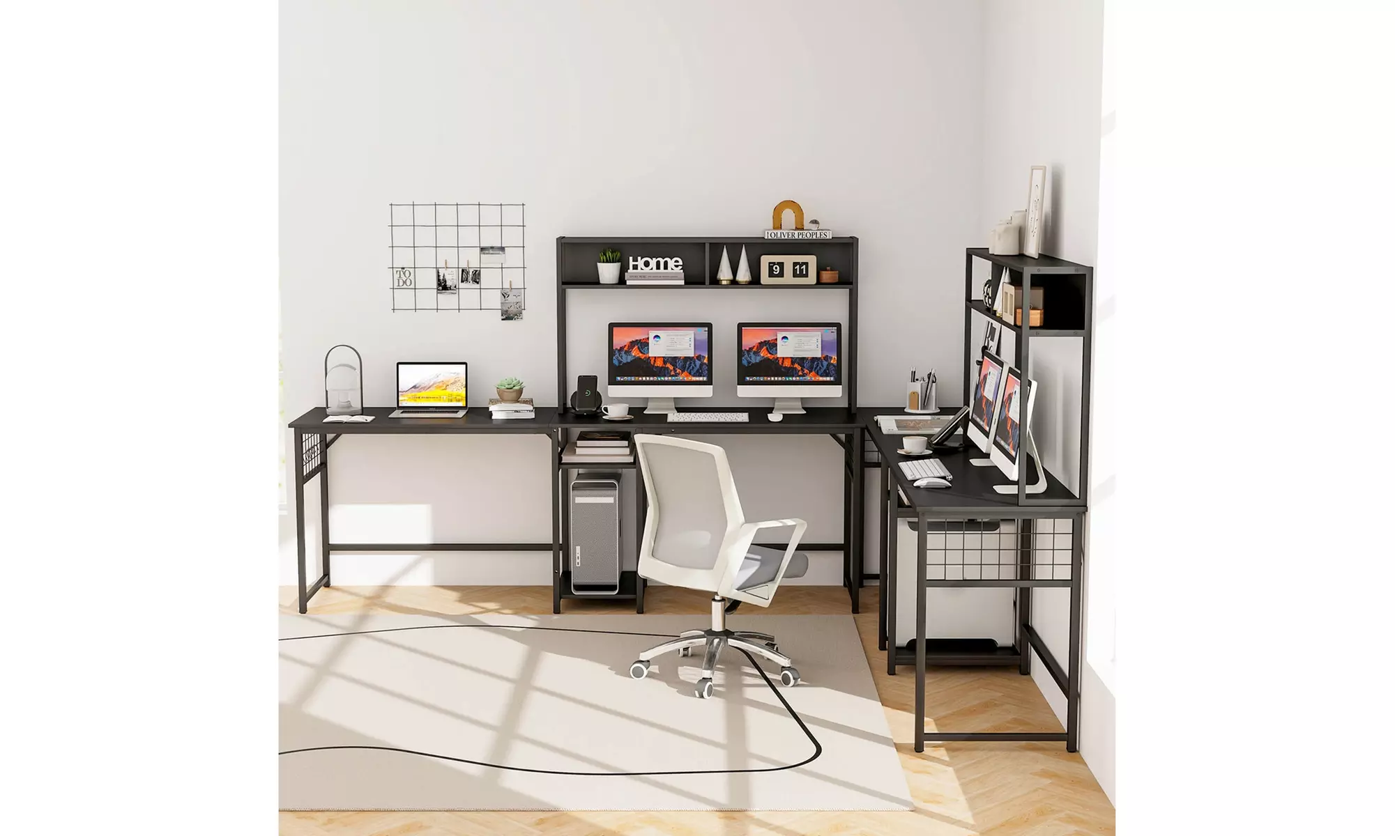 L-shaped Desk with Power Outlet Large Corner Desk Converts to 2-Person Long Desk