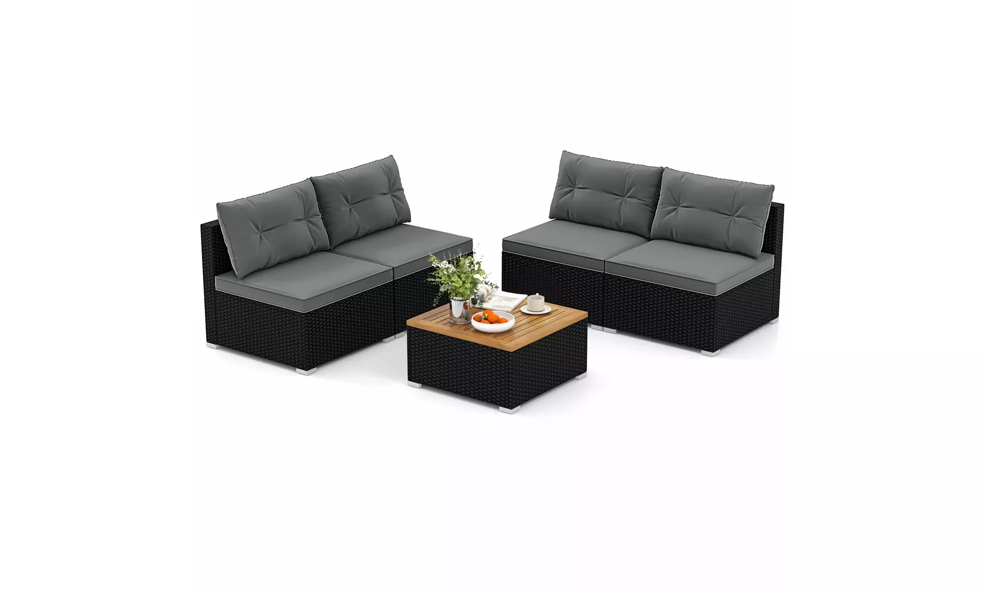 5 Piece Patio Rattan Furniture Set Acacia Wood Table Top Sofa Cushion Deck