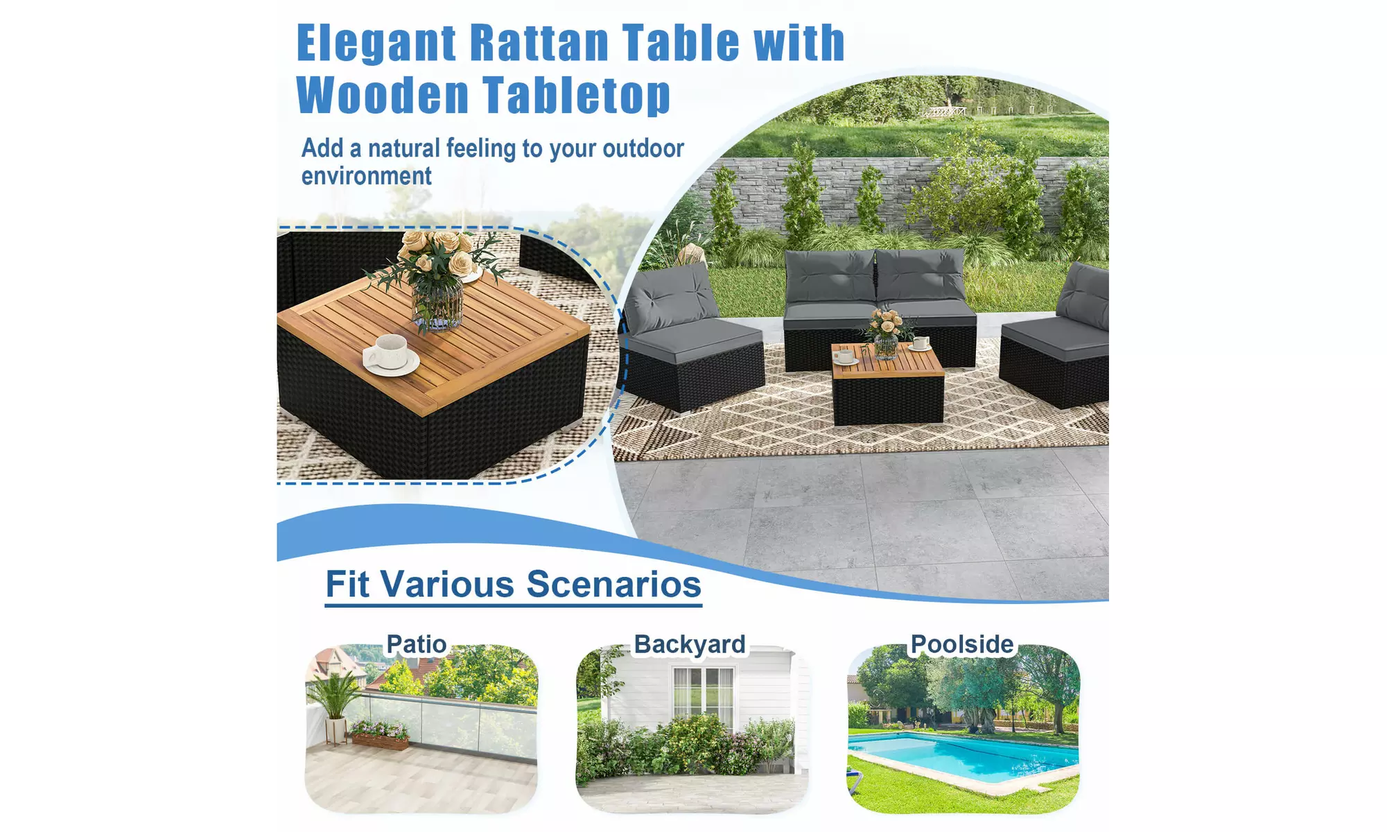 5 Piece Patio Rattan Furniture Set Acacia Wood Table Top Sofa Cushion Deck