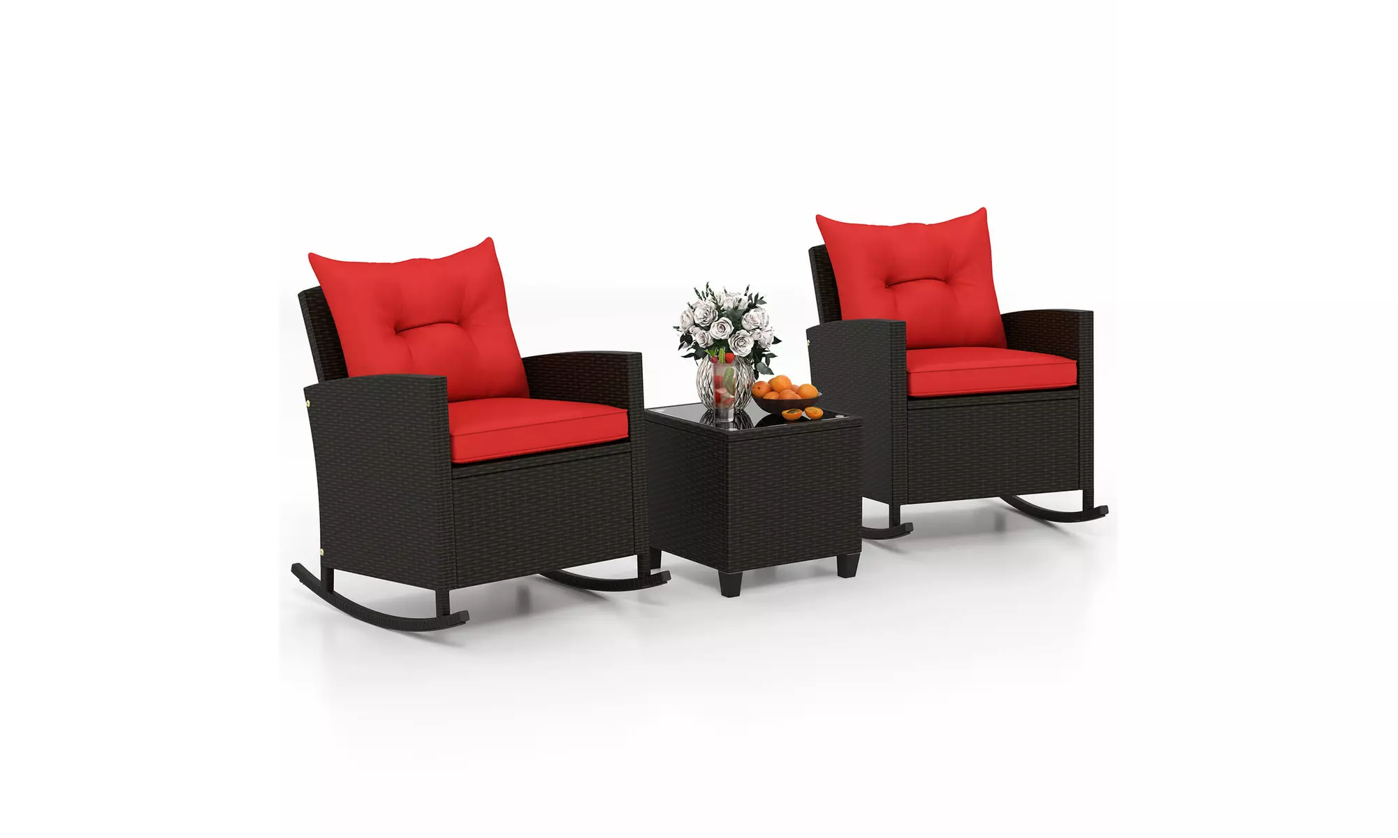Costway 3 PCS Patio Wicker Rocking Set with Tempered Glass Table & Soft Cushions