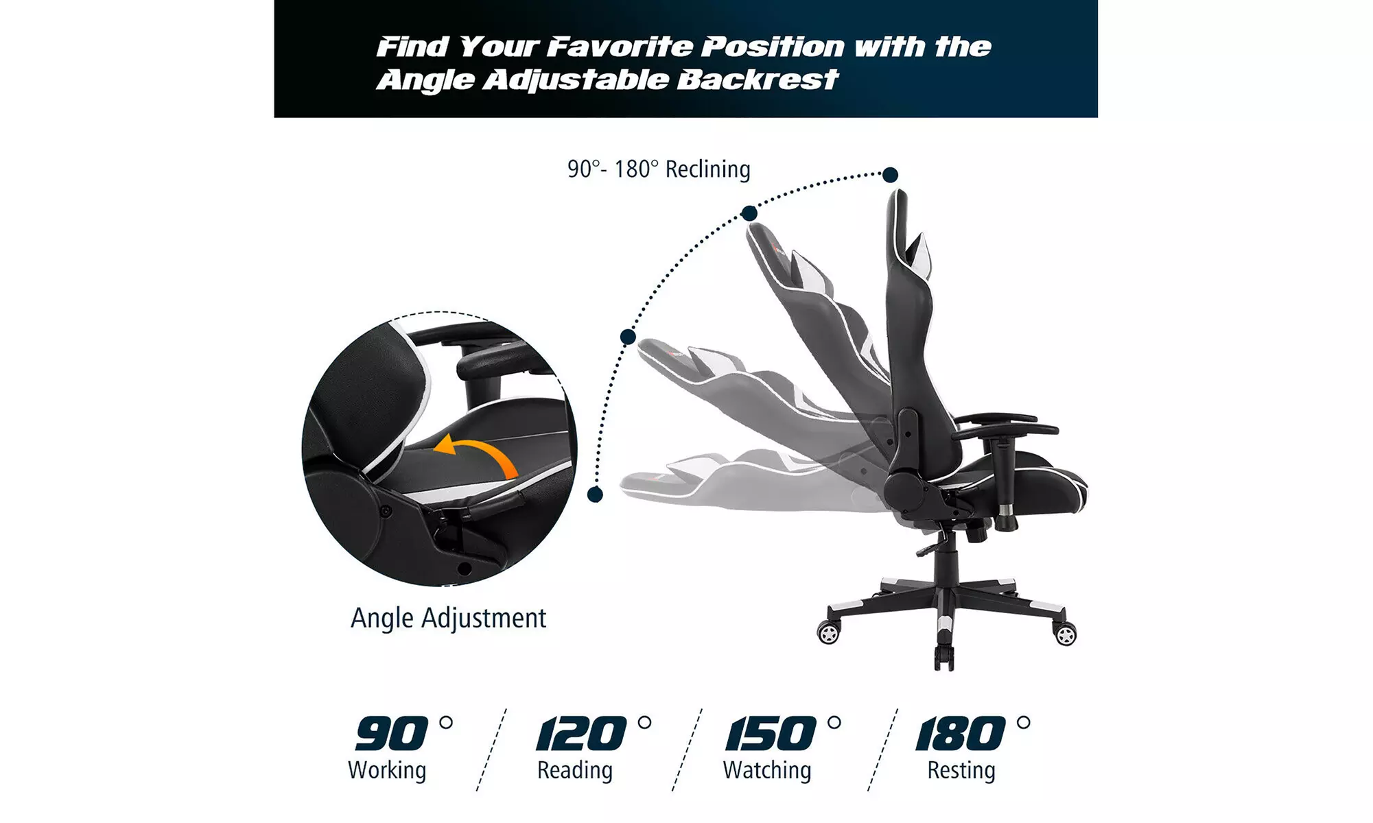 Reclining Massage Gaming Chair with Lumbar Support and Headrest