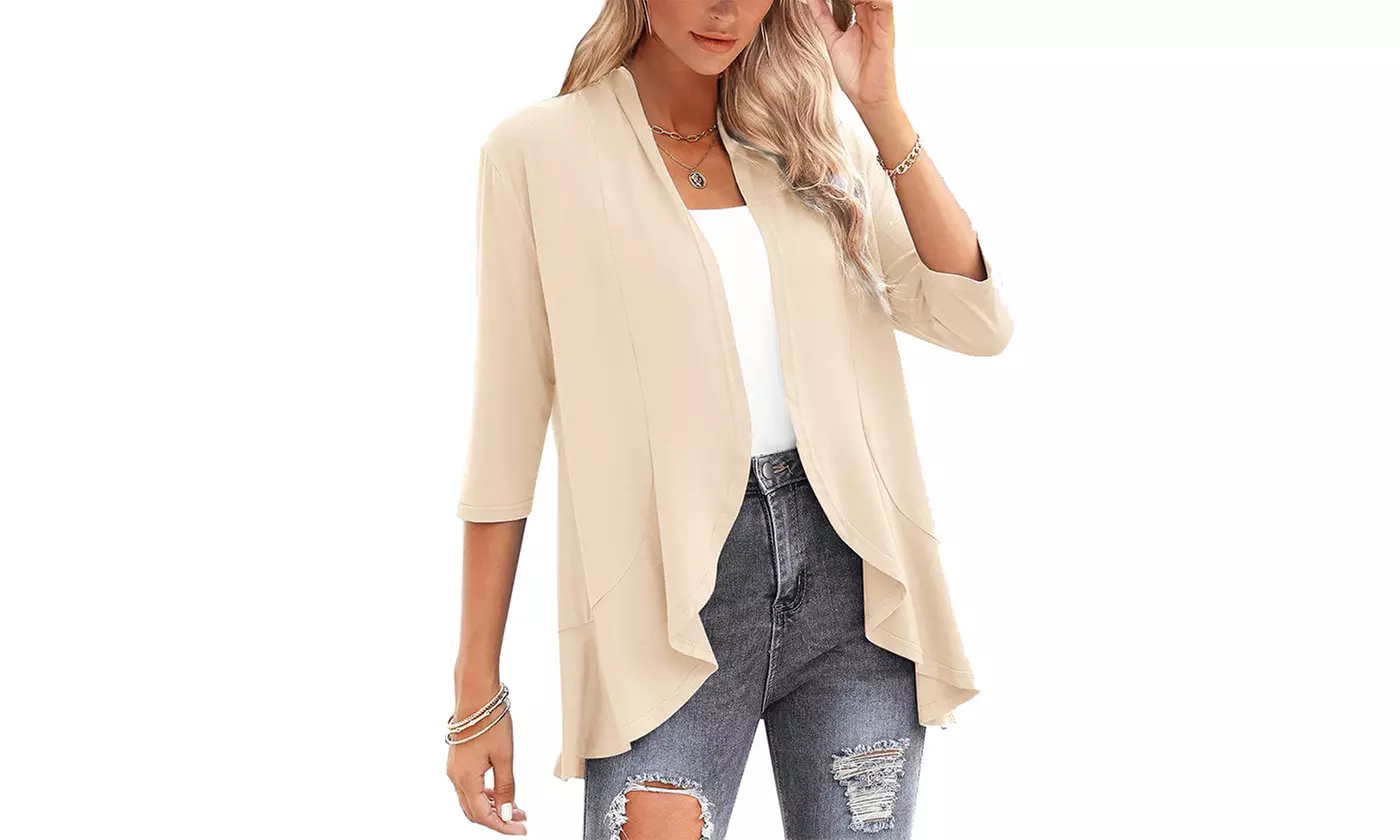Women's Casual Lightweight Open Front 3/4 Sleeve Cardigans Soft Draped Ruffles