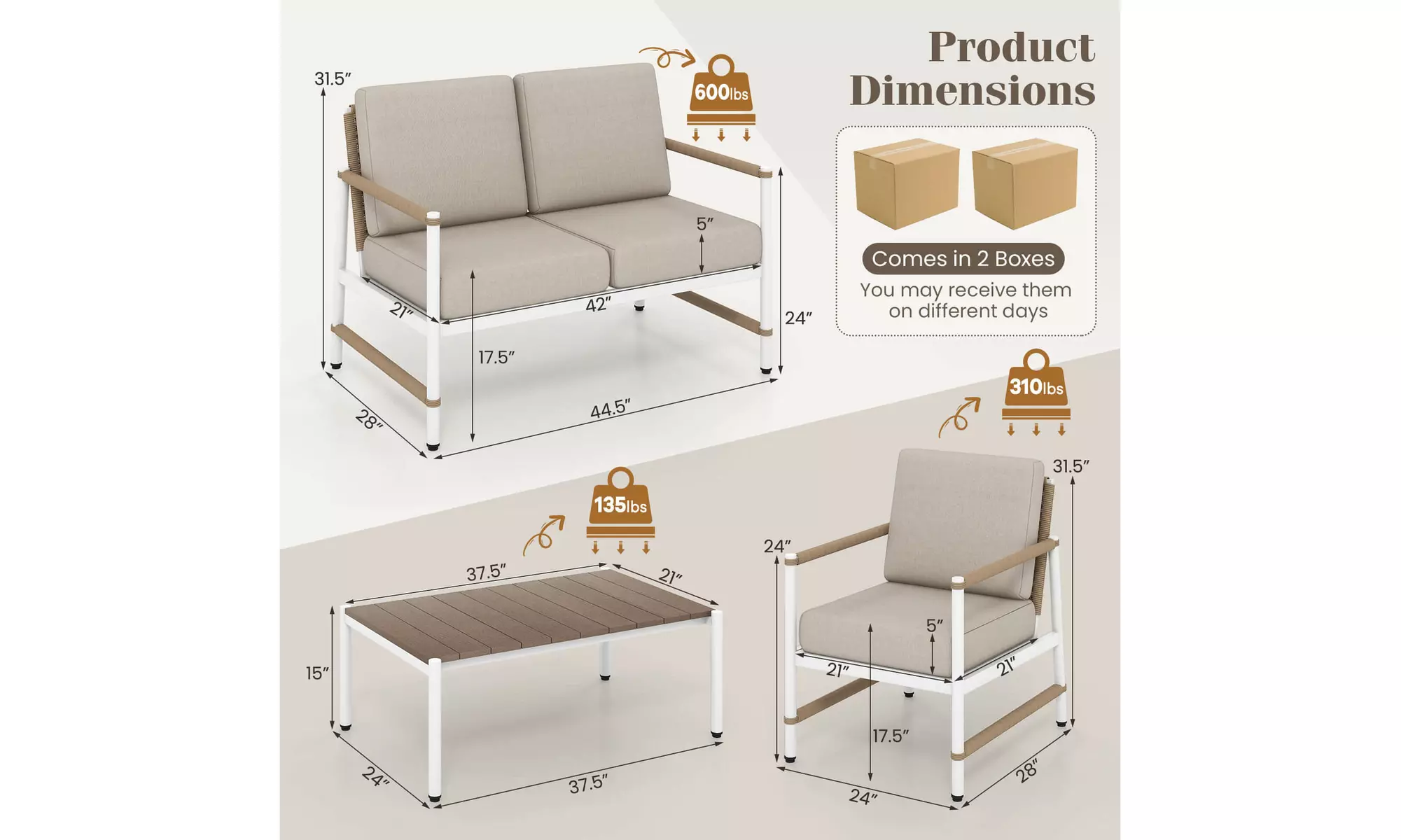 Costway Modern Bistro Set Set with Thick Cushions and Coffee Table 
