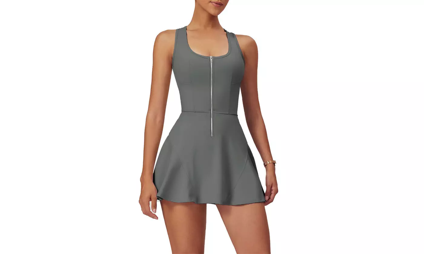 Women Tennis Athletic Zip Tank Dress with Shorts and Padded Bra
