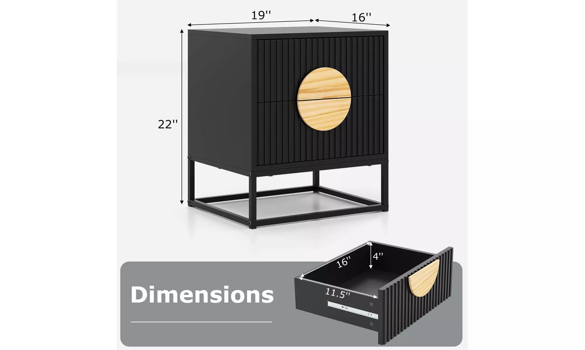 Costway Fluted Nightstand with 2 Drawers with Pine Wood Handles & Metal Frame