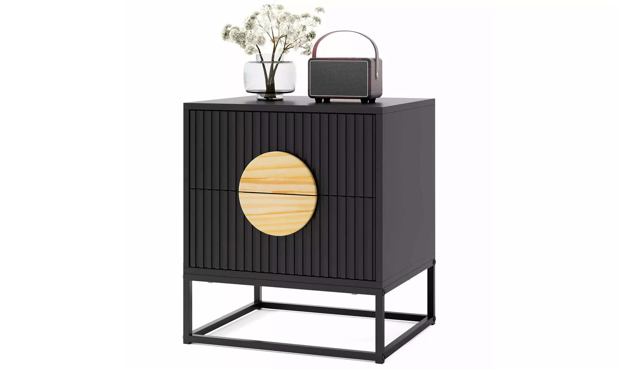 Costway Fluted Nightstand with 2 Drawers with Pine Wood Handles & Metal Frame